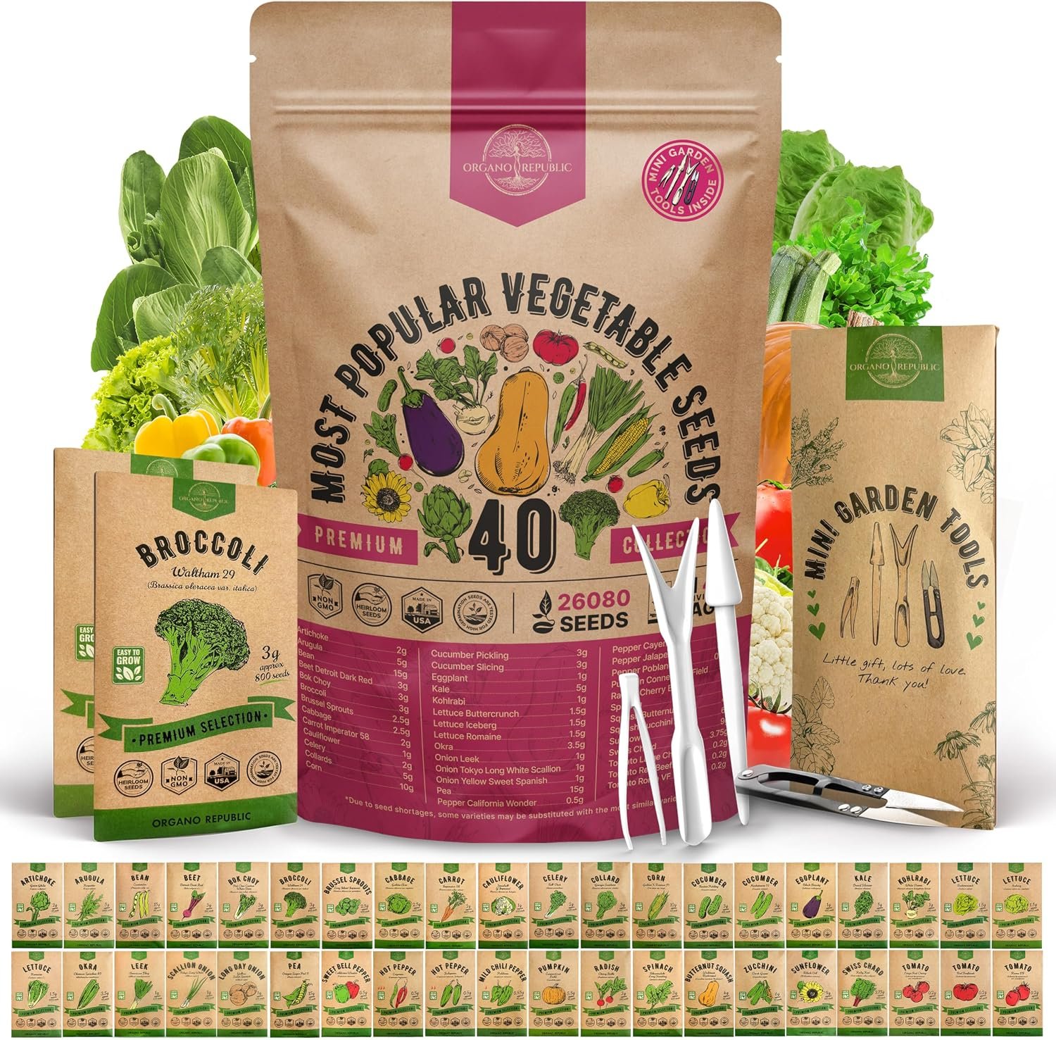 Organo Republic 40 Vegetable Seeds Variety Pack – 26000 Non GMO Heirloom Seeds for Planting Vegetables & Fruits in Bulk Individual Seed Packets, Home Garden Seeds for Hydroponic, Indoor & Outdoors