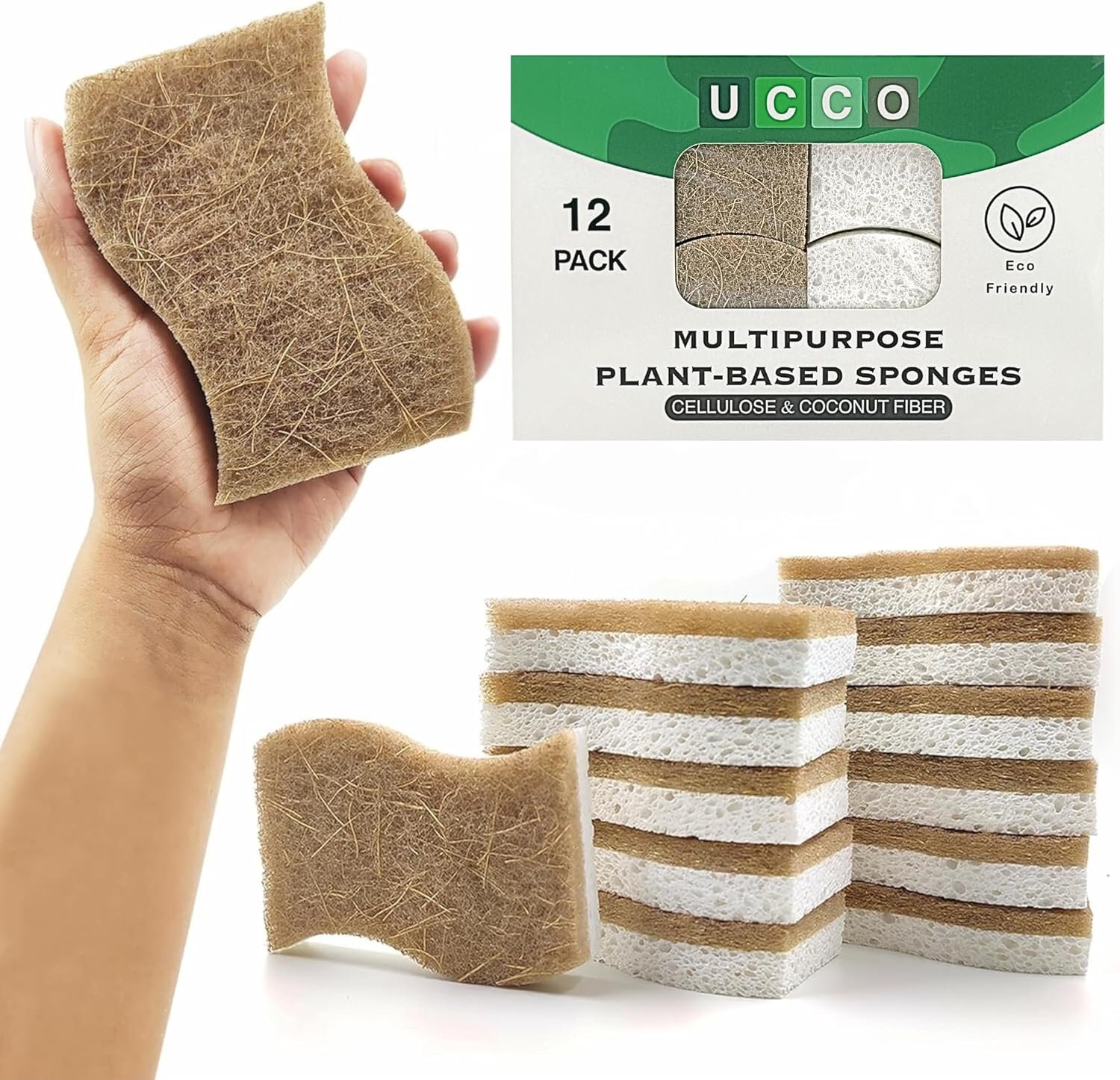 UCCO Eco Friendly Biodegradable Kitchen Sponges 12 Pack – Natural Compostable Cellulose with Coconut Scrubber – Sustainable Zero Waste Dish Sponges Set