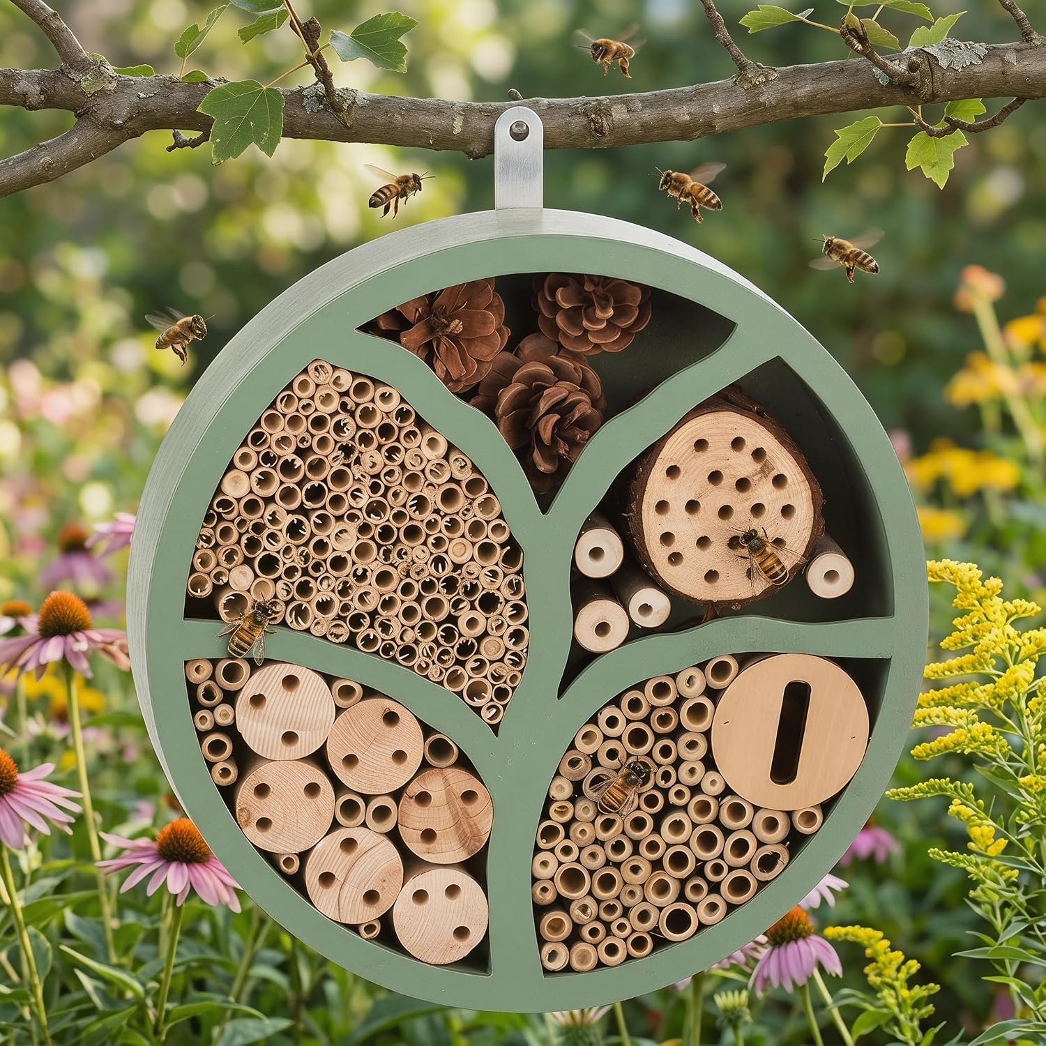 Topadorn Tree of Life Wooden Insect Hotel | 11.5″ Multi-Habitat Bee House for Pollinators, Outdoor Garden Decor