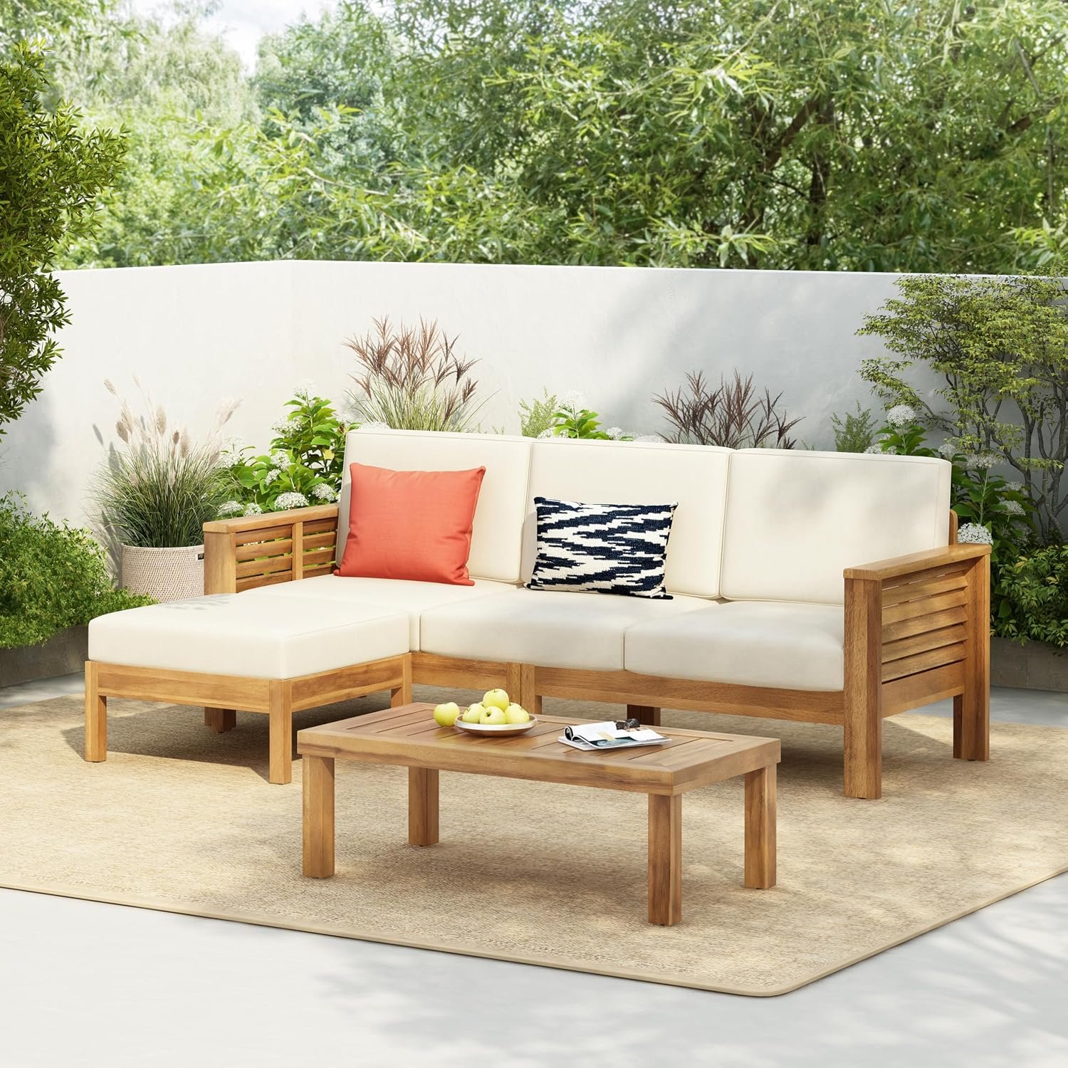 Christopher Knight Home Havets 3 Pieces Outdoor Acacia Furniture Set, Slat Panel Couch, Spacious Seating Armchair, 6″ Thick Cushions Sofa and Coffee Table Set for Backyard Garden Balcony, Teak+Beige