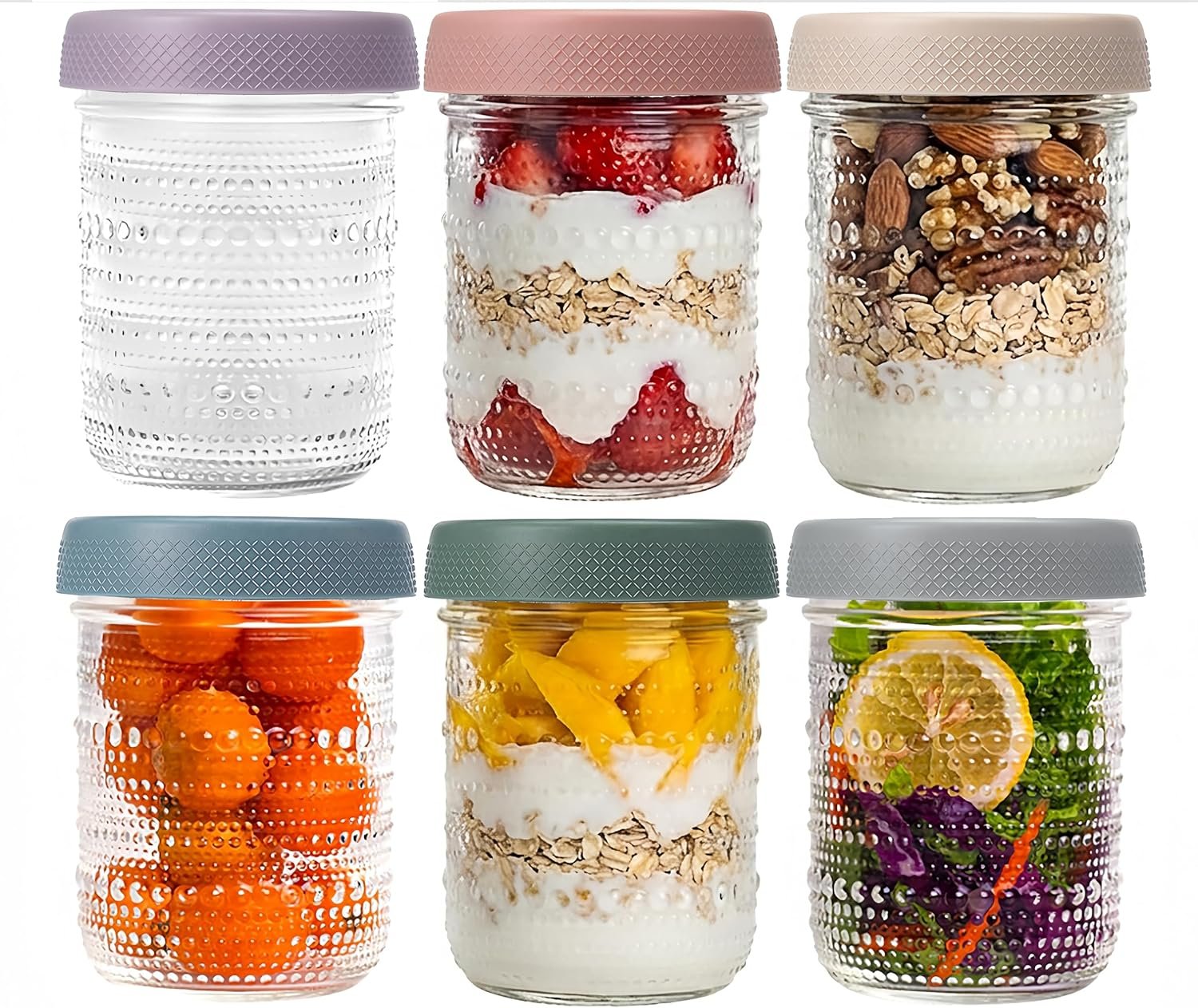 WACOI Overnight Oats Containers 16oz with Lids, 6 Pack Wide Mouth Mason Jars with Airtight Lids, Glass Food Storage Containers for Pickling, Fermenting, Snacks, Salad, Yogurt, Spice