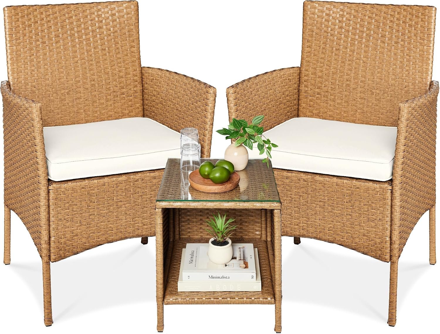 Best Choice Products 3-Piece Outdoor Wicker Conversation Bistro Set, Space Saving Patio Furniture for Garden w/Side Table – Natural/Ivory