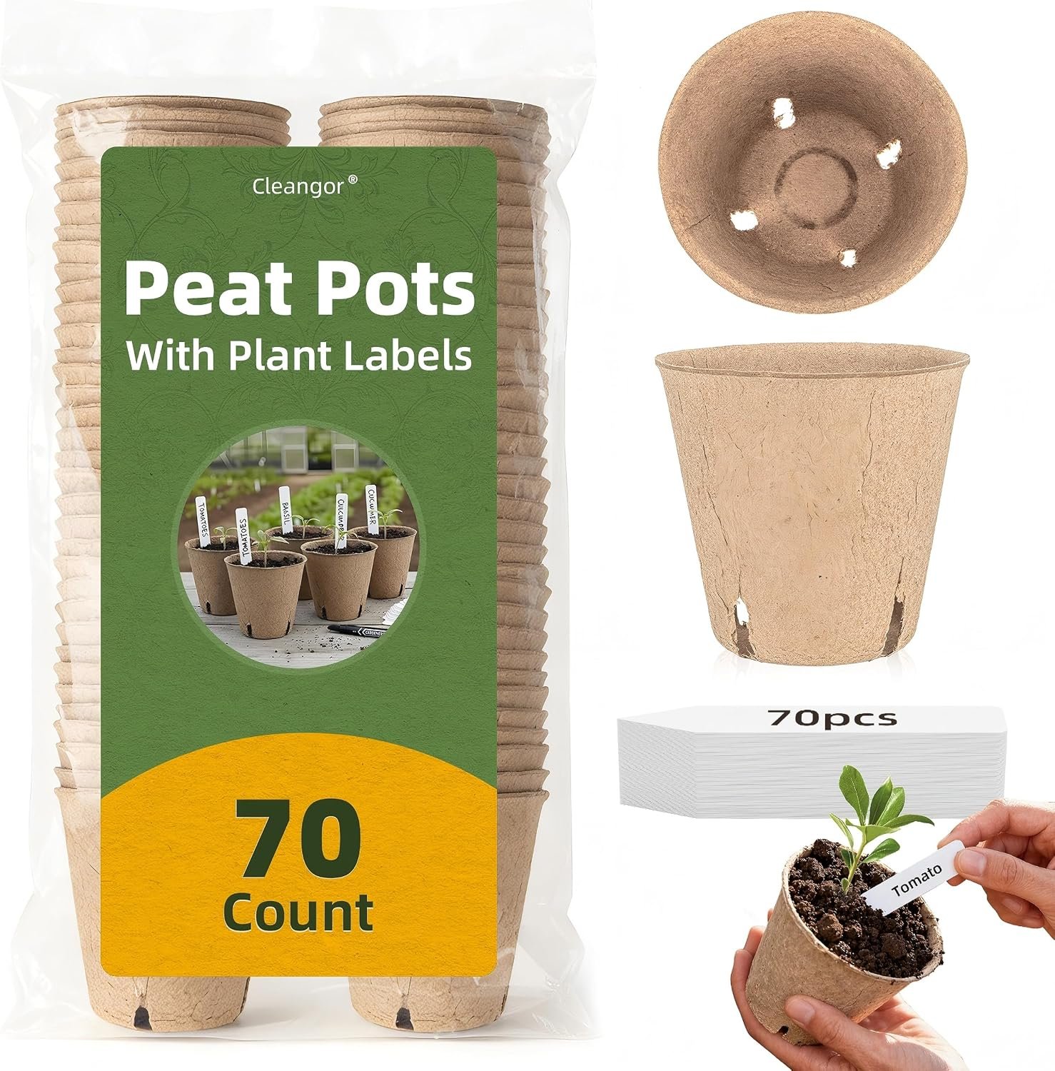 CLEANGOR 70Pcs Biodegradable 3.15” Peat Pots with 70Pcs Plant Labels | Biodegradable Seed Starter Pots with Drainage Holes, Nursery Pots for Seedlings, Herbs, Vegetables, Flowers, Gardening Kit