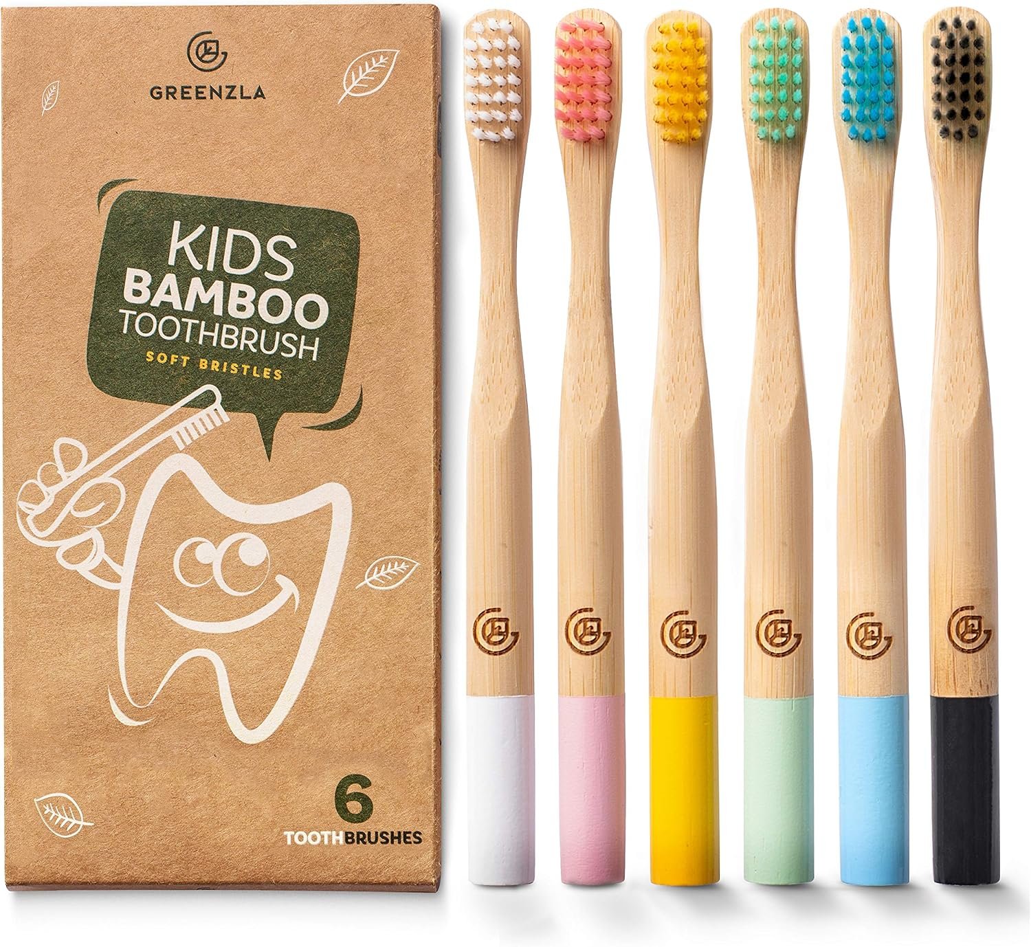 GREENZLA 6 Pack Kids Bamboo Toothbrush | Soft Charcoal Bristles | Natural bamboo, biodegradable & compostable | Ergonomic toddler grip | 6 colors | Zero-waste