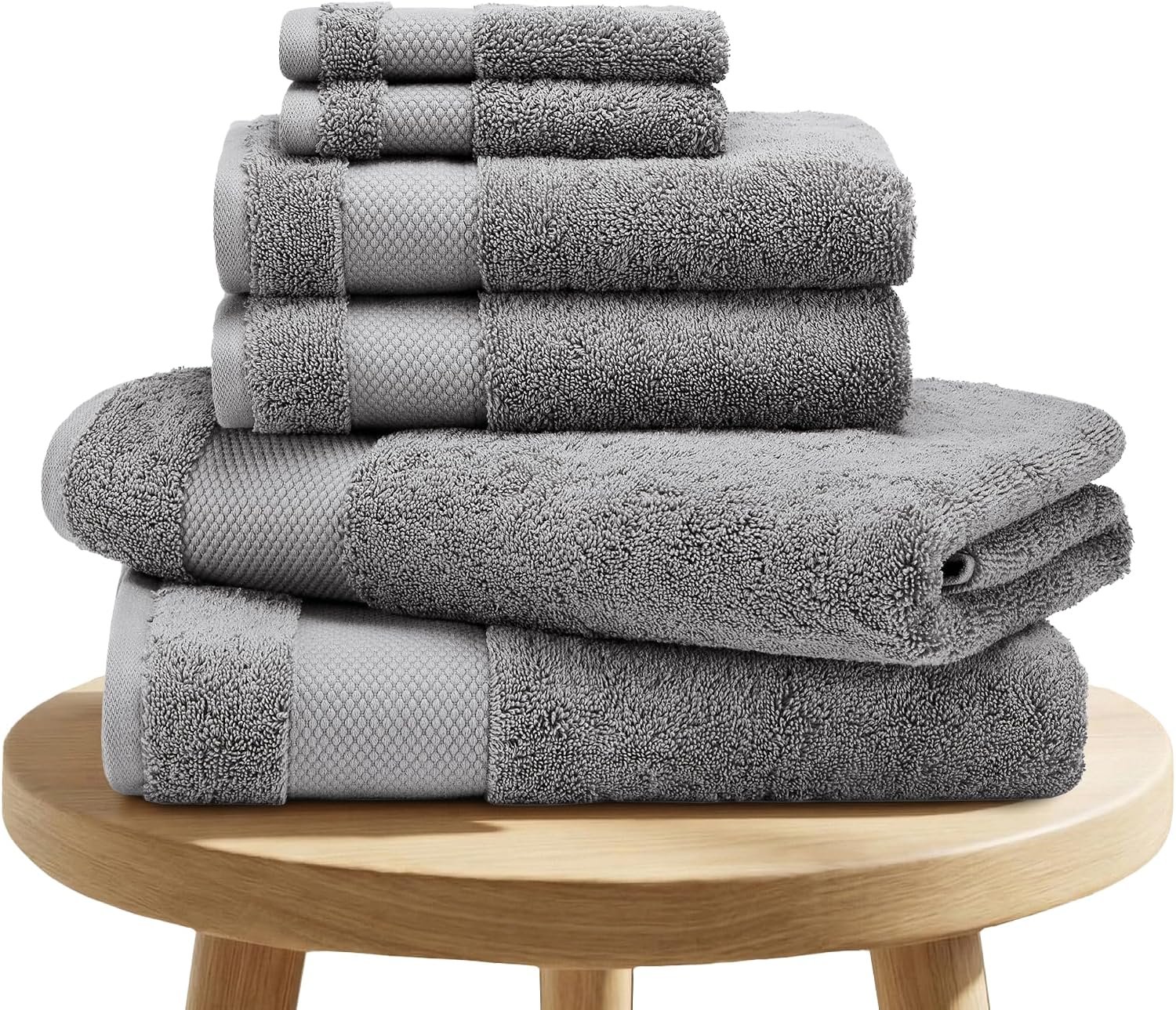 100% Organic Cotton 700 GSM Plush 6-Piece Towel Set GOTS Certified, 2 Bath Towels, 2 Hand Towels & 2 Washcloths – Light Grey