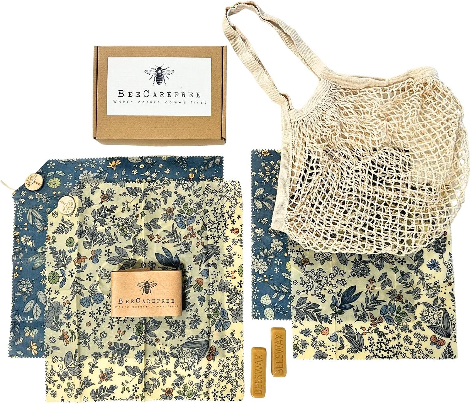 4-Pack Reusable Beeswax Wraps with Produce Bag & 2 Beeswax Bars