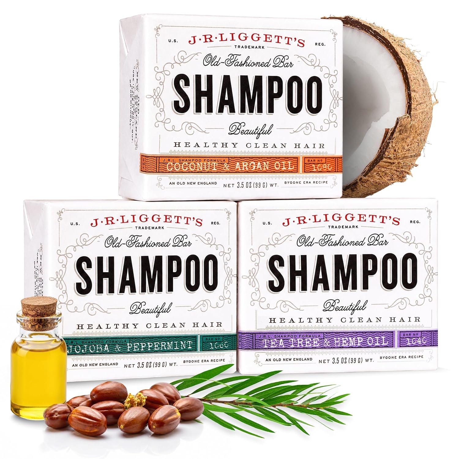 J.R.LIGGETT’S Shampoo Bar 3-Pack, Tea Tree, Jojoba & Peppermint, and Coconut & Argan Oil Formula, All Natural, Plant-Based Solid Hair Cleanser Bar Variety Set, Sulfate-Free, 3.5 oz Each