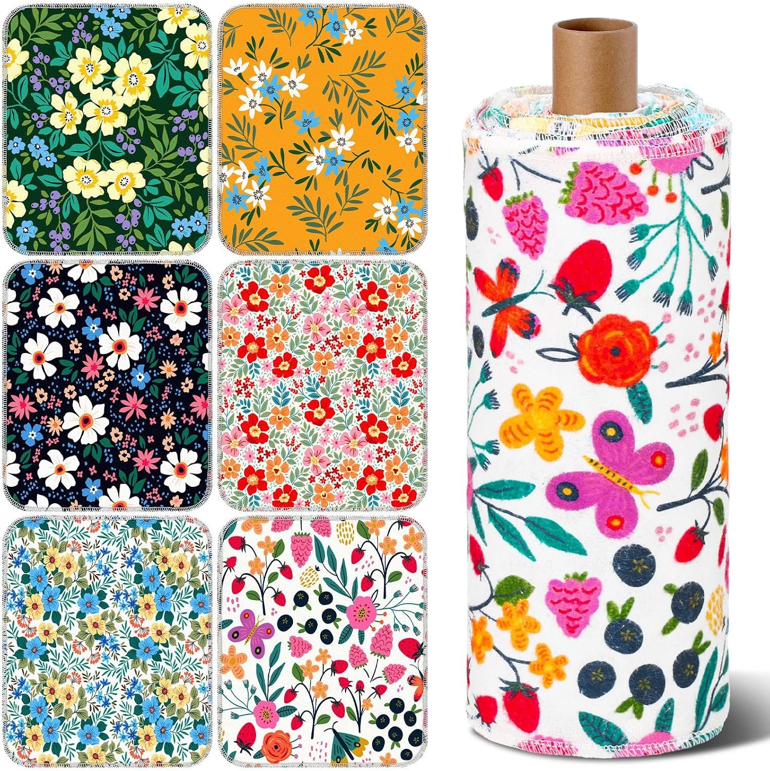 Redbaker 30 Pcs 18 Pcs Reusable Paper Towel for Kitchen,Flower Pattern | Washable Paperless Cloth, Soft and Fluffy Cotton Material, Durability and Absorbency, Kitchen Bathroom Supplies
