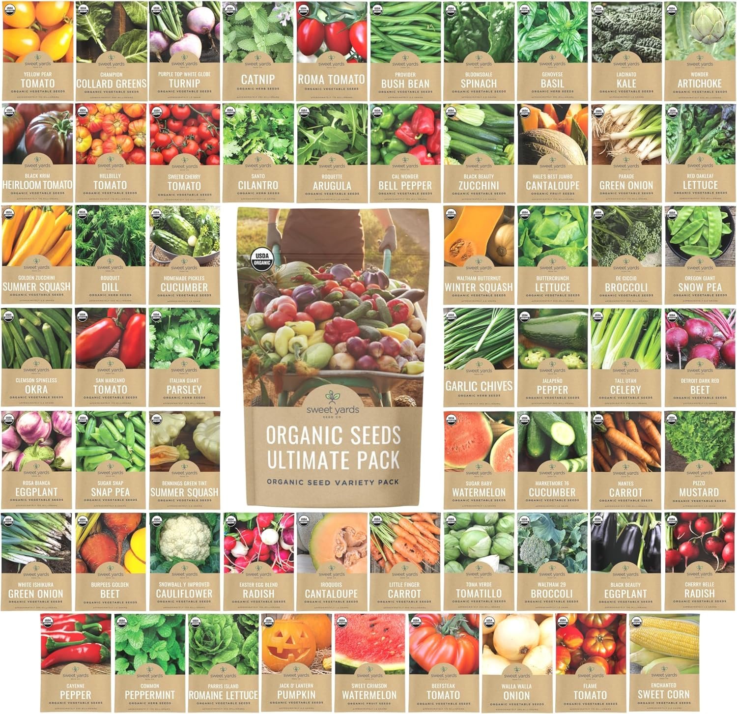Organic Seeds Ultimate Variety Pack – 60 Individual Packs – 2026 Season – Genovese Basil, Nantes Carrot, Roquette Arugula and More! for Indoor & Outdoor Planting (Non-GMO, Certified Organic)
