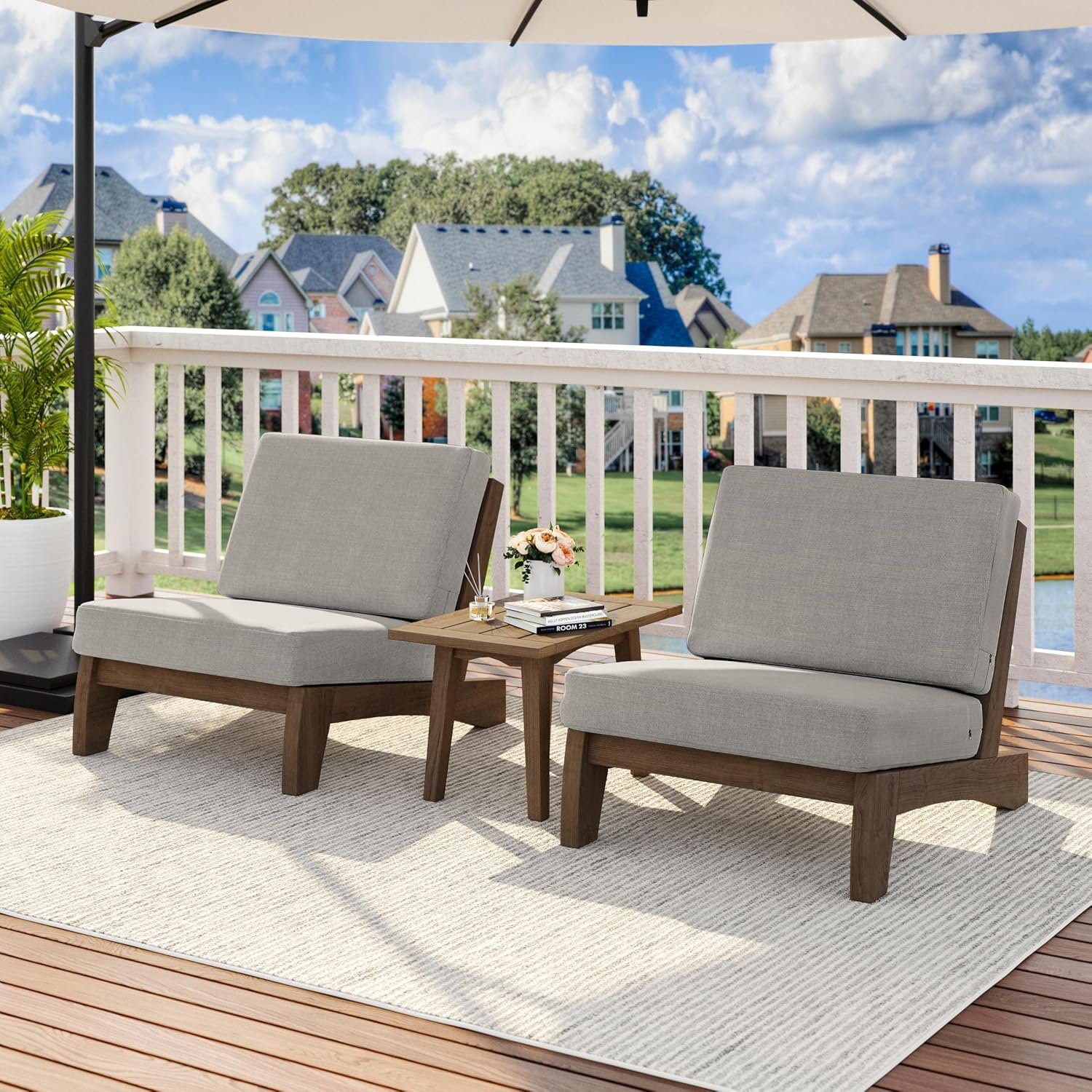 3 Piece Wood Patio Chair Outdoor Bistro Set, All Weather Outdoor Furniture Patio Sofa Chair Backyard Seating Group Conversation Sets with Wooden Side Table – Light Camel