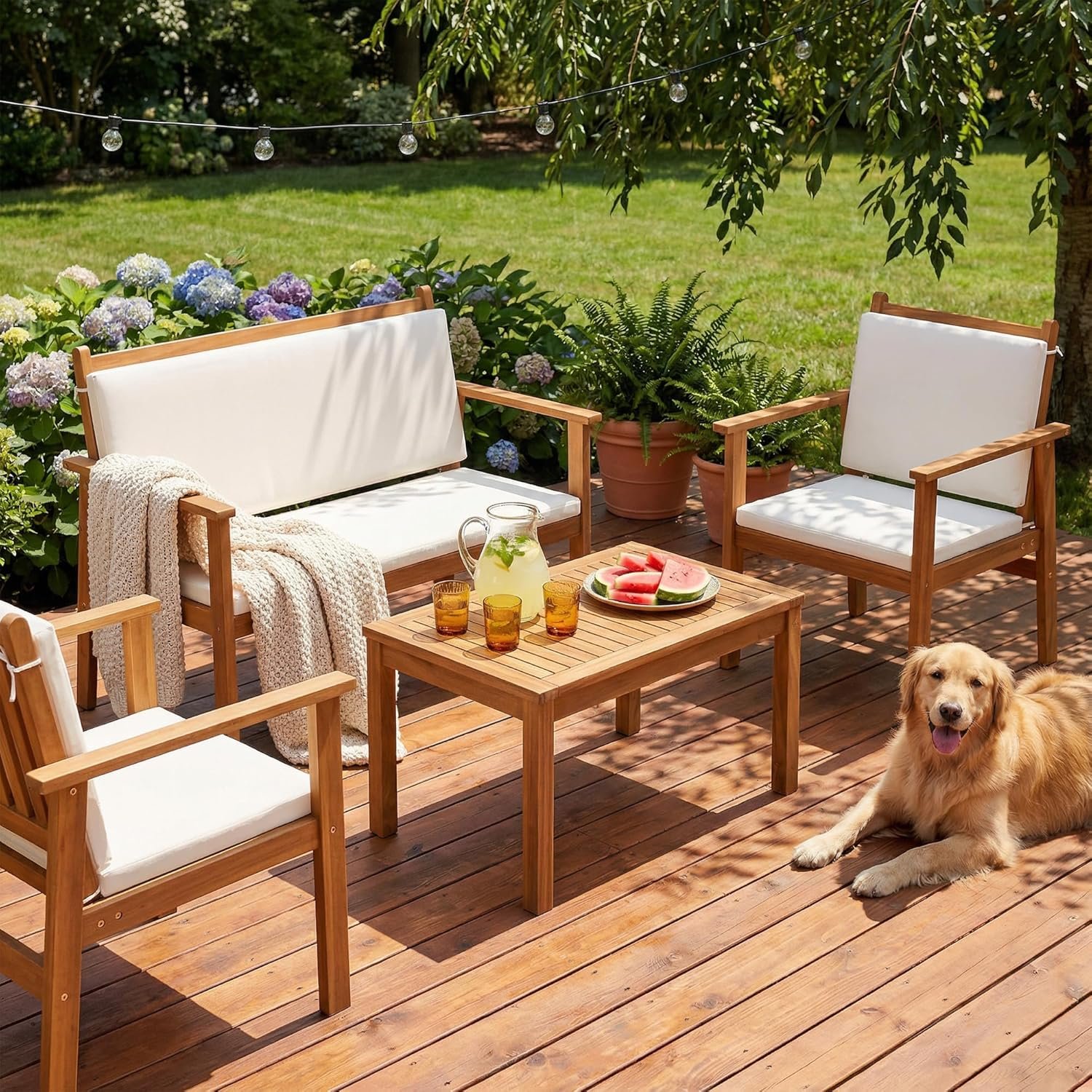 Devoko 4 Piece Patio Furniture Set Acacia Wood Backyard Furniture (Natural) | Patio Conversation Sets Outdoor Couch with Table & Removable Cushions, Teak Patio Furniture Sets for Deck, Balcony, Backyard