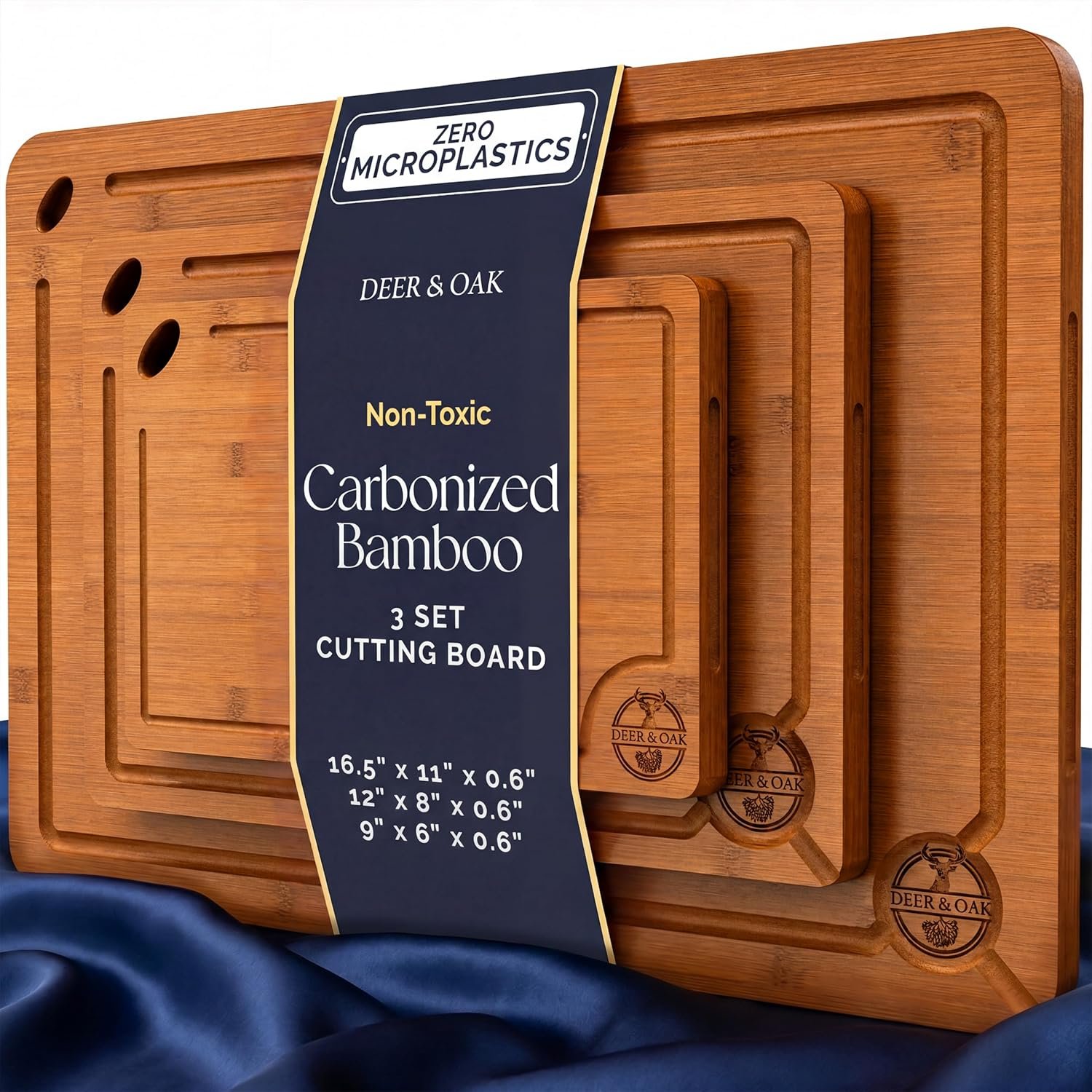 Pre-Oiled, Non Toxic 3-Piece Carbonized Bamboo Cutting Board Set | 16.5 x 11 in, 12 x 8 in, 9 x 6 in · Hanging hole · Eco-friendly 500F technology · Deer & Oak