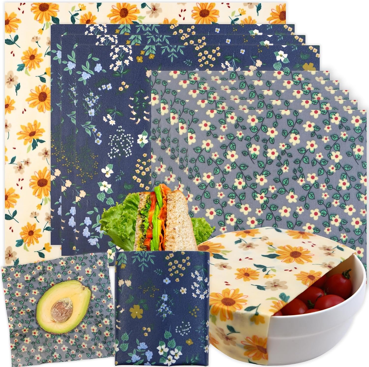 Reusable Beeswax Wrap – 9 Pack Beeswax Wraps for Food, Eco-Friendly Beeswax Food Wraps, Bread Sandwich Wrapper – Organic, Sustainable, Zero Waste, Reusable Plastic-Free Food Storage Wrap, 1XL, 3M, 5S