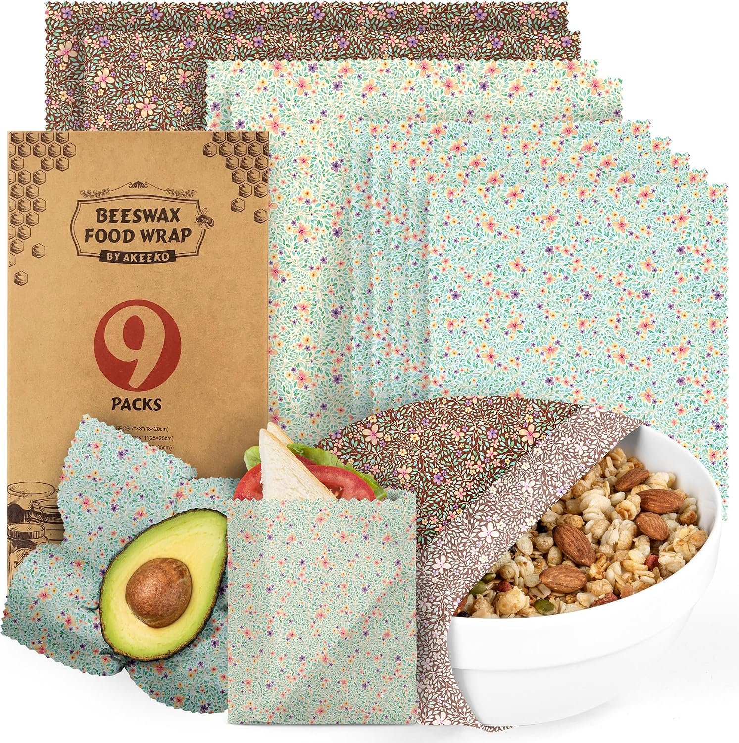 Akeeko Reusable Beeswax Food Wraps – Assorted 9 Packs, Reusable, Plastic-Free Food Storage, 5 Small, 2 Medium, 1 Large, 1 Extra Large Wraps with Water Color Flora Pattern