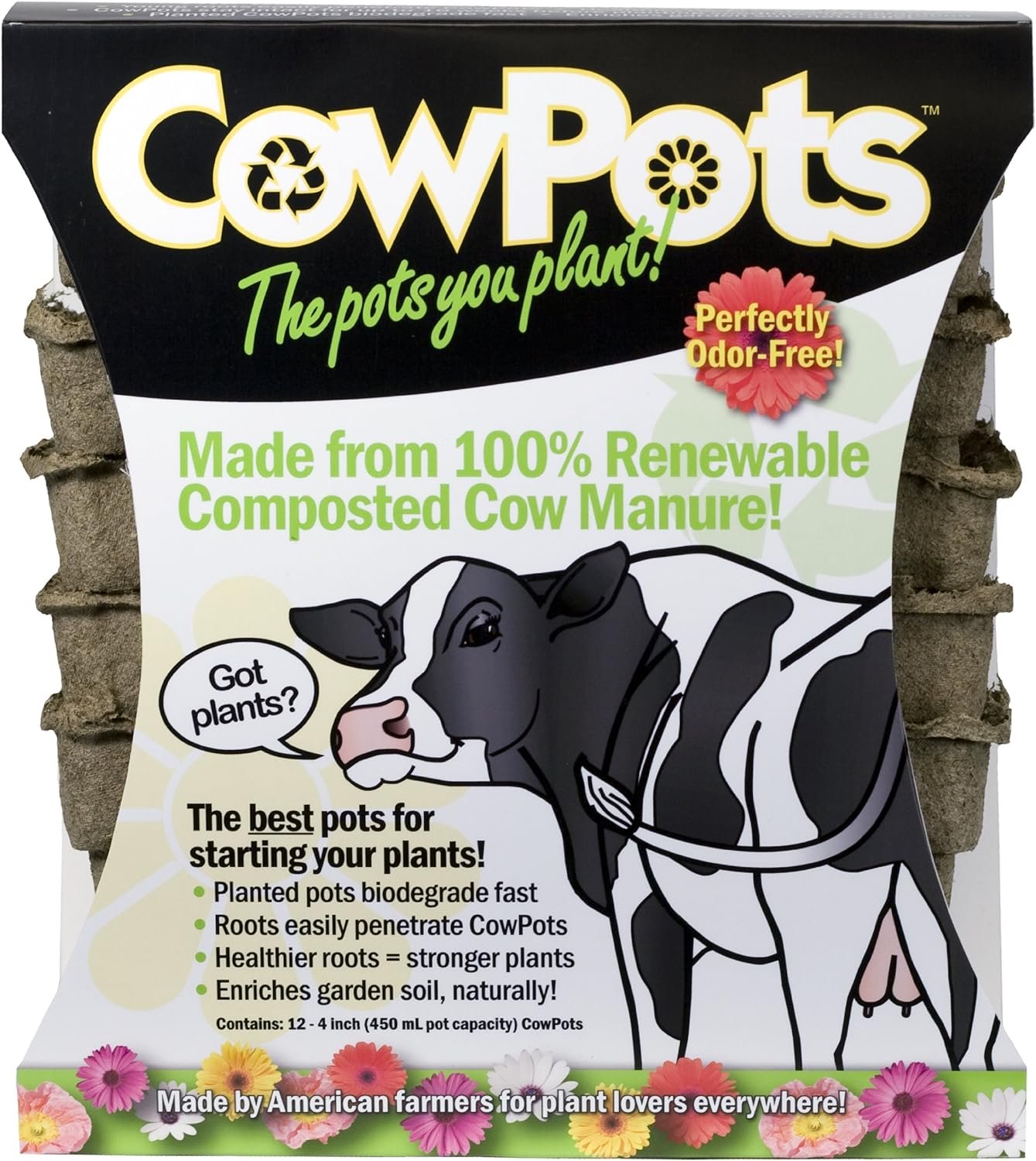 CowPots 102 Square Cowpot, 4″, 12-Pack, Brown
