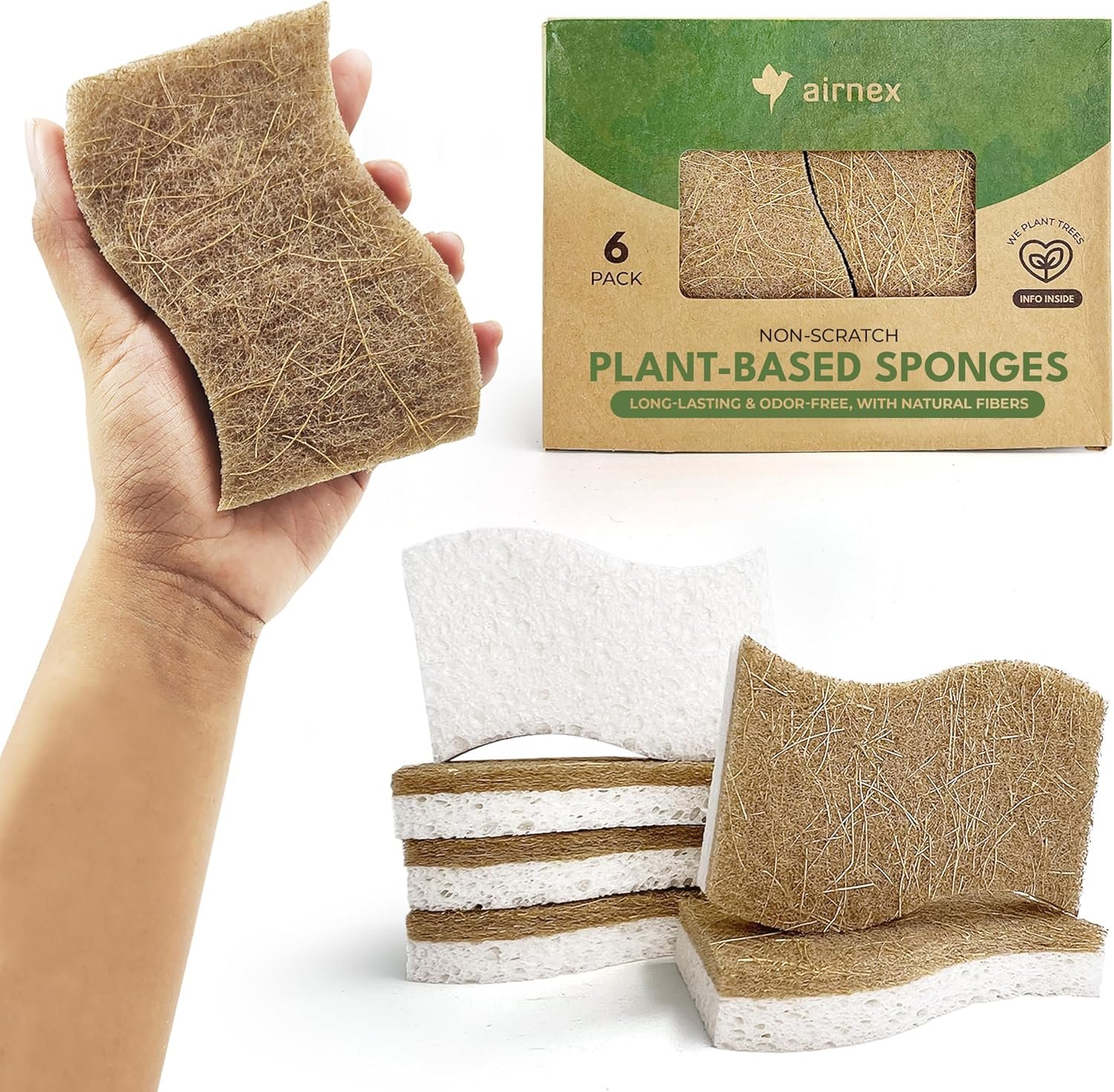 AIRNEX Natural Kitchen Sponges (6 Pack) – Biodegradable Cellulose & Coconut Scrubber Dish Sponges for Kitchen – Eco-Friendly, Non Scratch, Compostable, Non Toxic S-Shaped Natural Sponges for Dishes