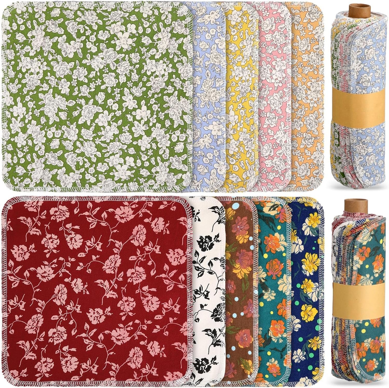 Redbaker 50 Pcs Reusable Paper Towels Paperless Reusable Cotton Cloths Toilet Absorbent Washable Paper Towels with Roll Kitchen Dishcloth for Kitchen Paperless Dishcloths(Flower)