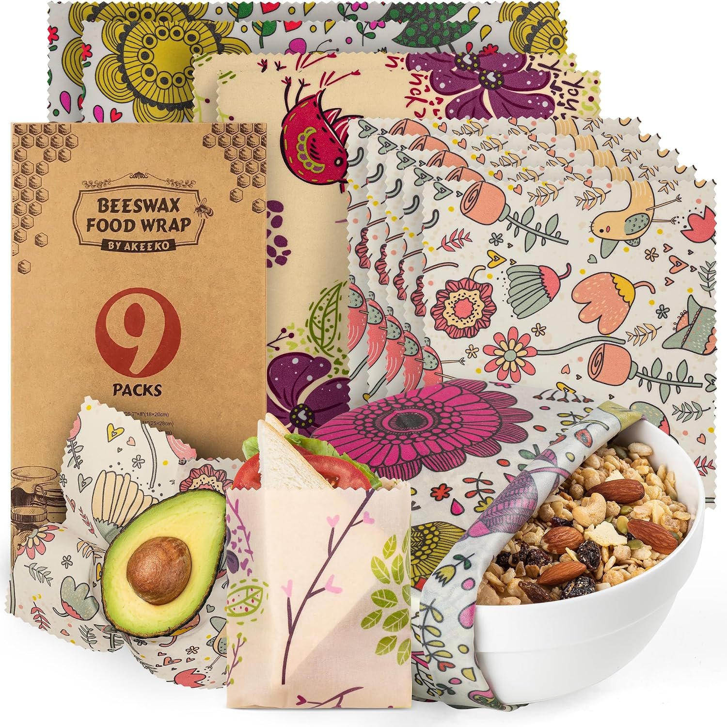 Akeeko Reusable Beeswax Food Wraps – Assorted 9 Packs, Reusable, Plastic-Free Food Storage, 5 Small, 2 Medium, 1 Large, 1 Extra Large Wraps with Plants and Boho Birds Pattern