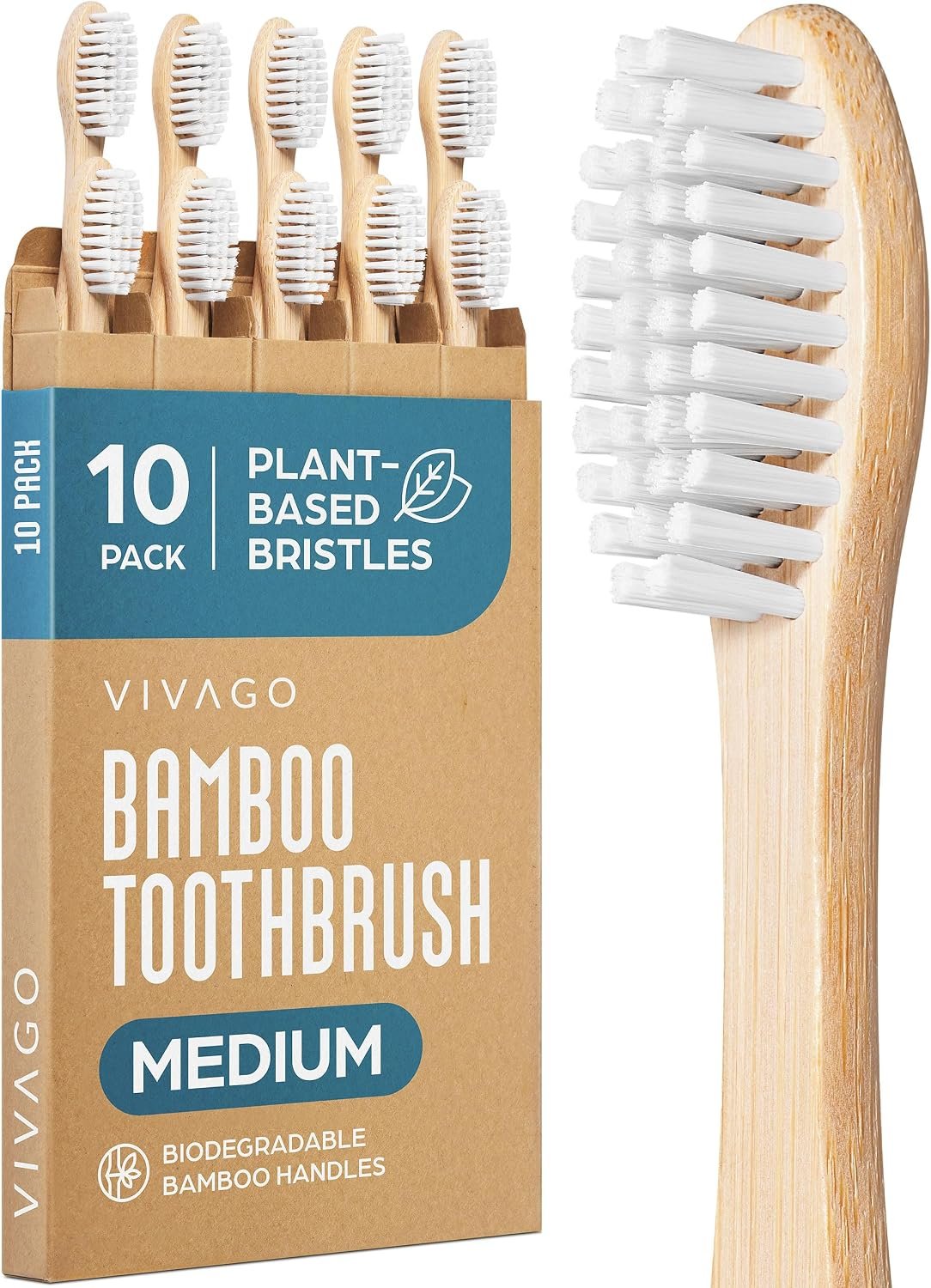 VIVAGO Bamboo Toothbrushes 10 Pack – Plant-Based Medium Bristles | Natural Toothbrush, Medium Toothbrushes for Adults, Eco-Friendly, Wooden Toothbrush, BPA-Free
