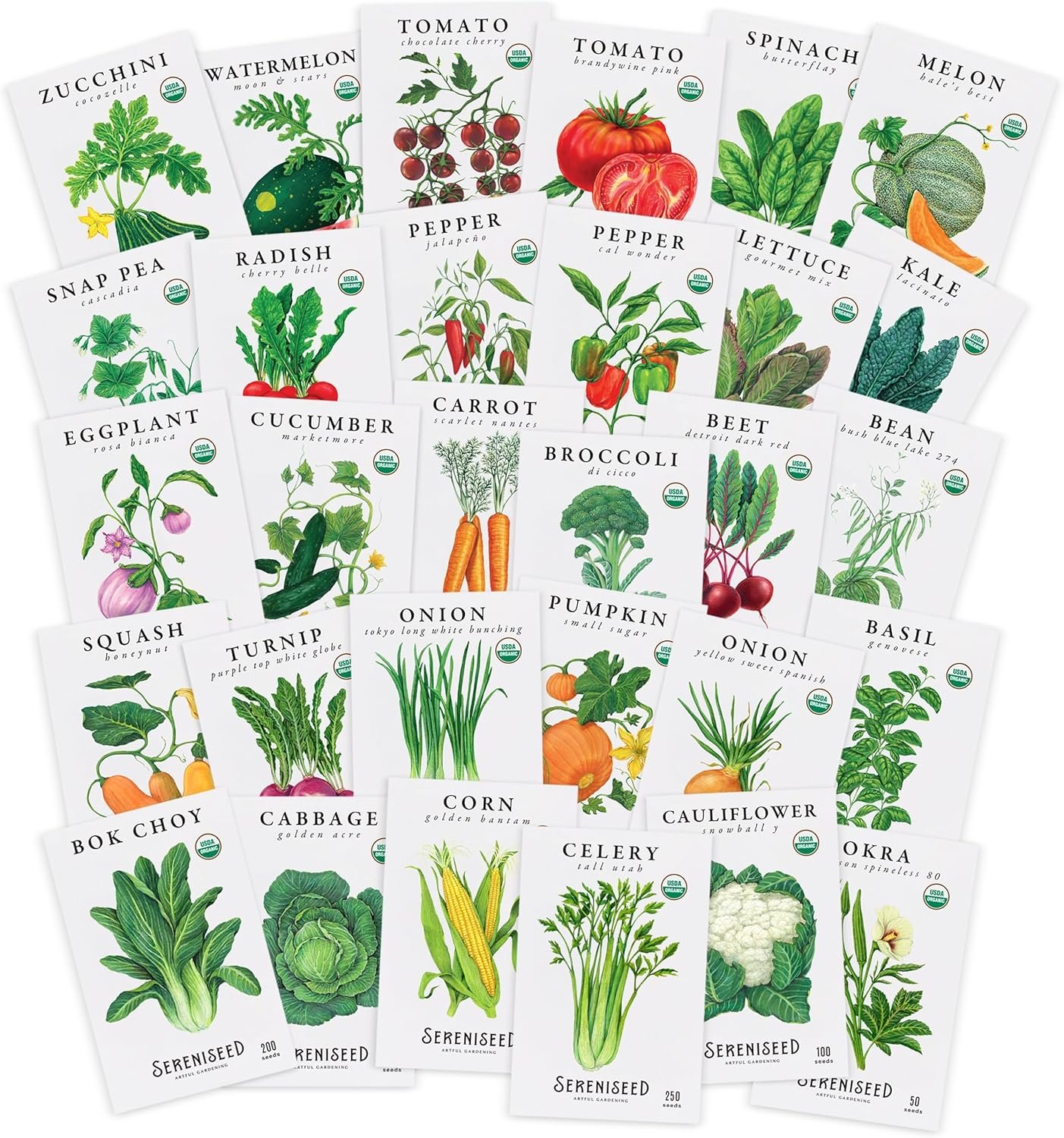 Sereniseed Certified Organic Vegetable Seeds (30-Pack) – Non GMO, Open Pollinated – Basil, Snap Pea, Broccoli, Bean, Jalapeno, Tomato, Lettuce, Cucumber, Carrot, Zucchini Seeds for Planting