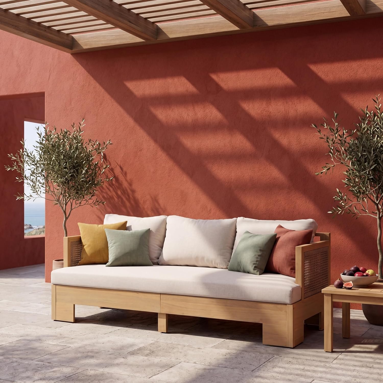 Christopher Knight Home Owen Acacia Wood Outdoor 3 Seater Sofa with Cushions, Solid Wood Patio Sofa with Rattan-Woven Armrests, Comfy Lounge Sofa for Patio Furniture Set, Light Teak+Light Brown+Beige
