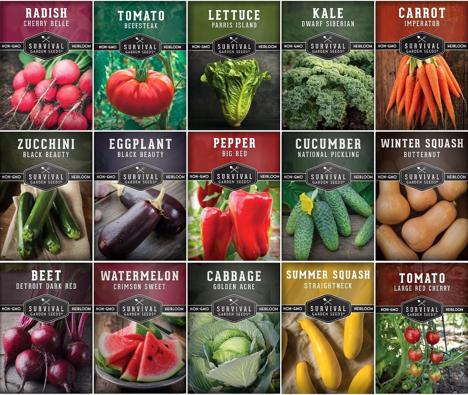Vegetable Garden Seed Vault for Planting – 15 Pack Collection | Heirloom Non-GMO Family Garden Kit – Tomato, Lettuce, Cucumber, Squash – Indoor or Outdoor Growing – Survival Garden Seeds