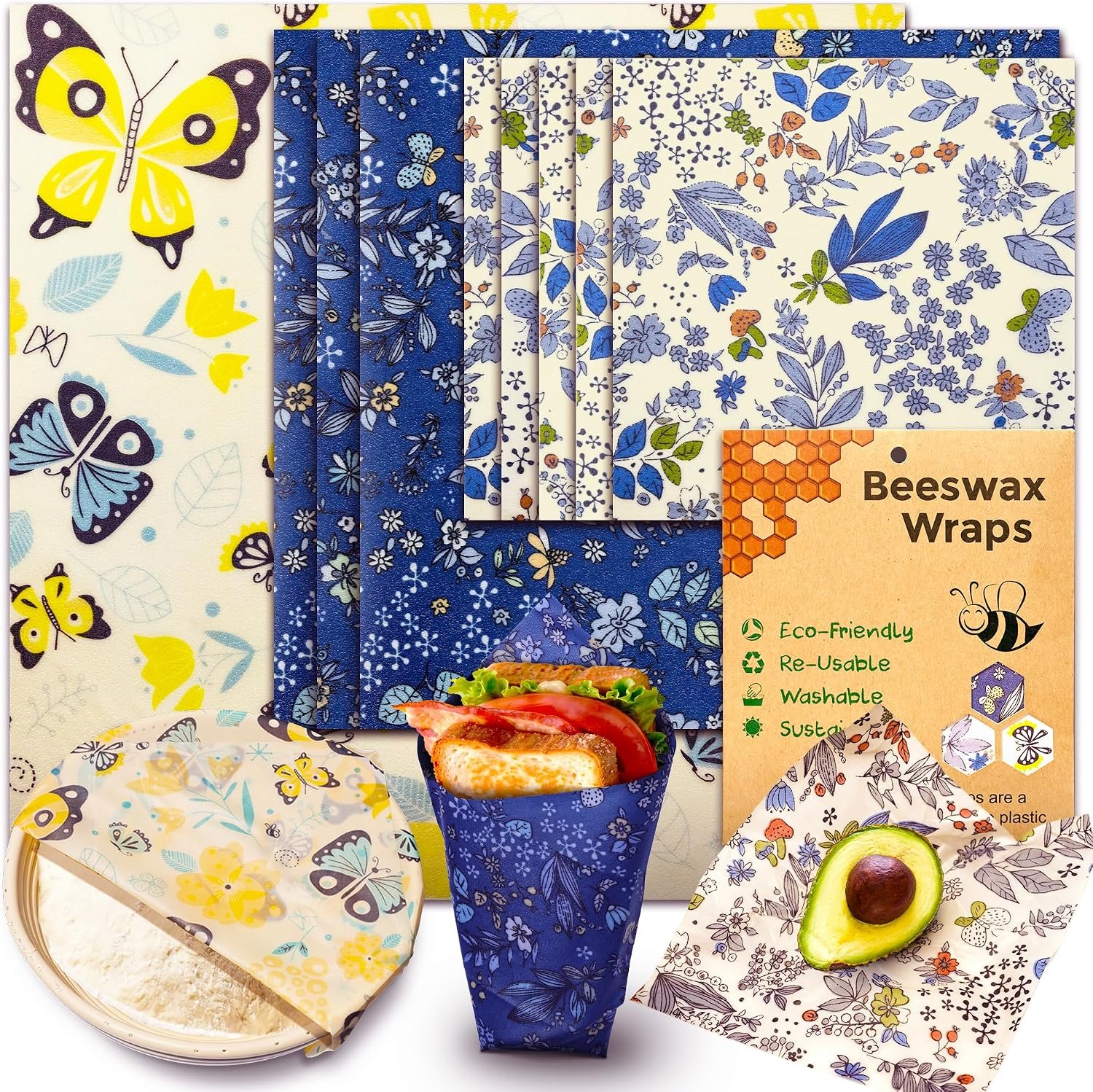 OHIYO Reusable Beeswax Wrap for Food, 9 Pack Organic Cotton Beeswax Papers (1XL + 3M + 5S), Bread Sandwich Wrapper, Suitable for Bowls, Cheese, Reusable Plastic-Free Food Storage Wrap