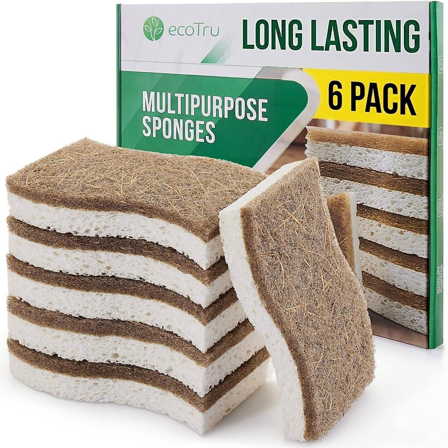 6 Pack Washing Up Sponges, Eco Kitchen Dish Cleaning Sponges, Biodegradable & Compostable Natural Cellulose Sponge with Coconut Fibre Scrubber, Non Scratch Heavy Duty Scouring Pad