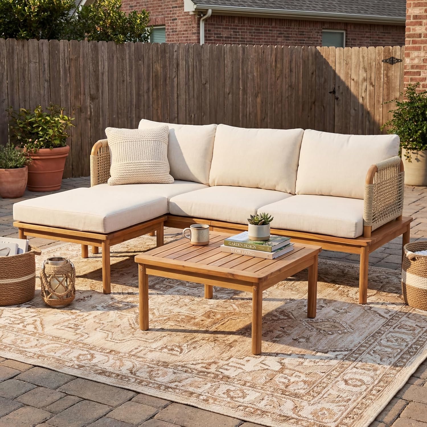Merax Outdoor 3-Piece Acacia Wood & Rope Patio Sofa Set with Ottoman and Table, Water-Repellent Cushions, for Garden & Patio