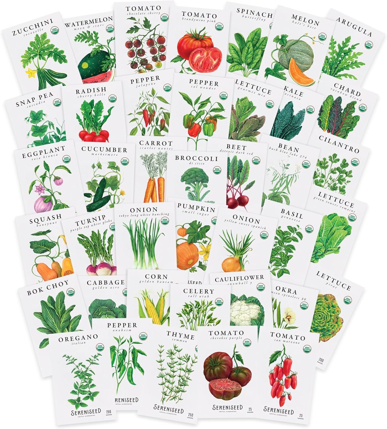 Sereniseed Organic Vegetable Seeds (40-Pack) – Non GMO, Open Pollinated – Basil, Snap Pea, Broccoli, Bean, Jalapeno, Tomato, Lettuce, Cucumber, Carrot, Zucchini Seeds for Planting