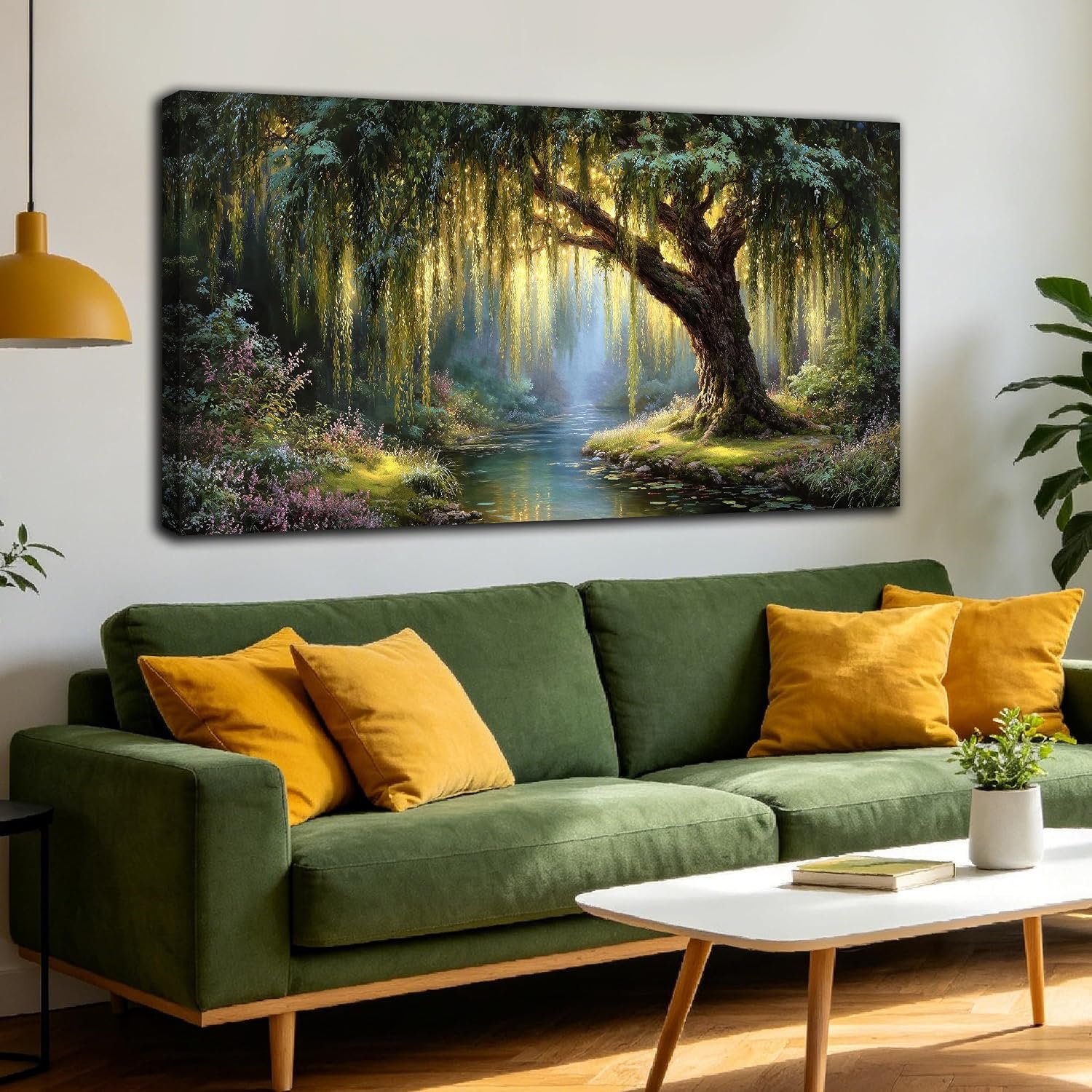 MXUNYZ Green Willow Tree Picture for Living Room Botanical Nature Painting | Large Canvas Art Print, Art Work for Living Room Walls,Modern Bedroom Home Office Decor 48×24 Inch