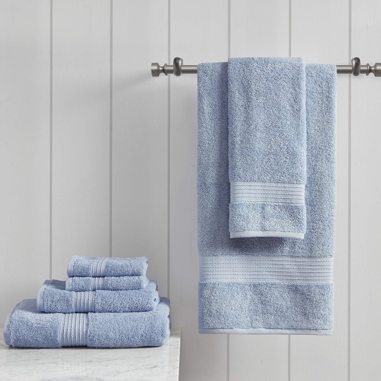 Madison Park Organic Cotton Bath Towel Set Absorbent, 6 Piece, Blue | Quick Dry, Plush Feel, Hotel Quality for Bathroom, Oversized, OEKO-TEX Certified
