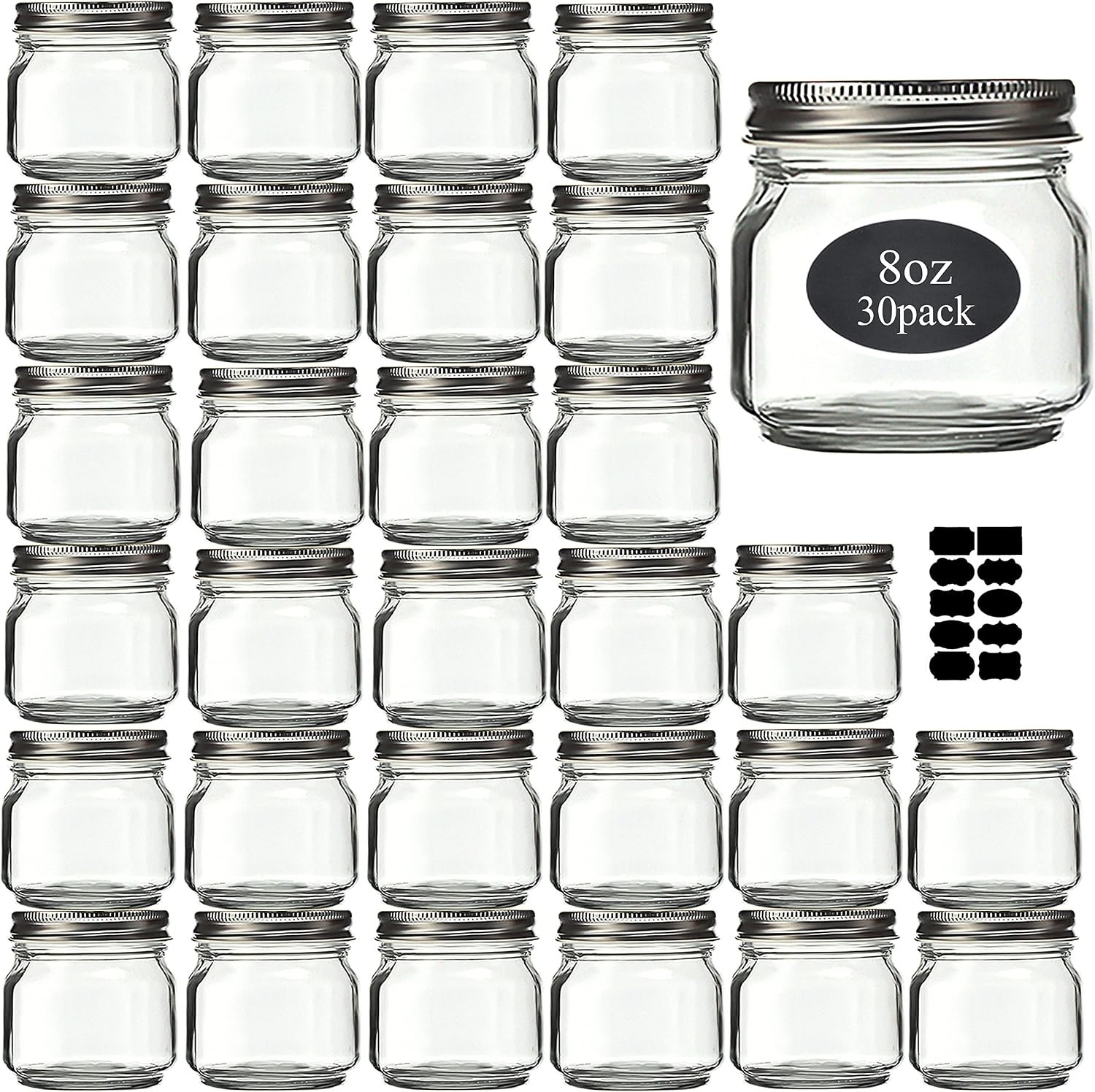 Rainforce Mason Jars 8 oz 30 Pack Small Glass Caning Jars with Silver Lids | 1/4 Quart canning jars regular mouth with 20 labels,1 pen.For food storage,meal prep,jelly,jam,honey,pickles,spice glass jars
