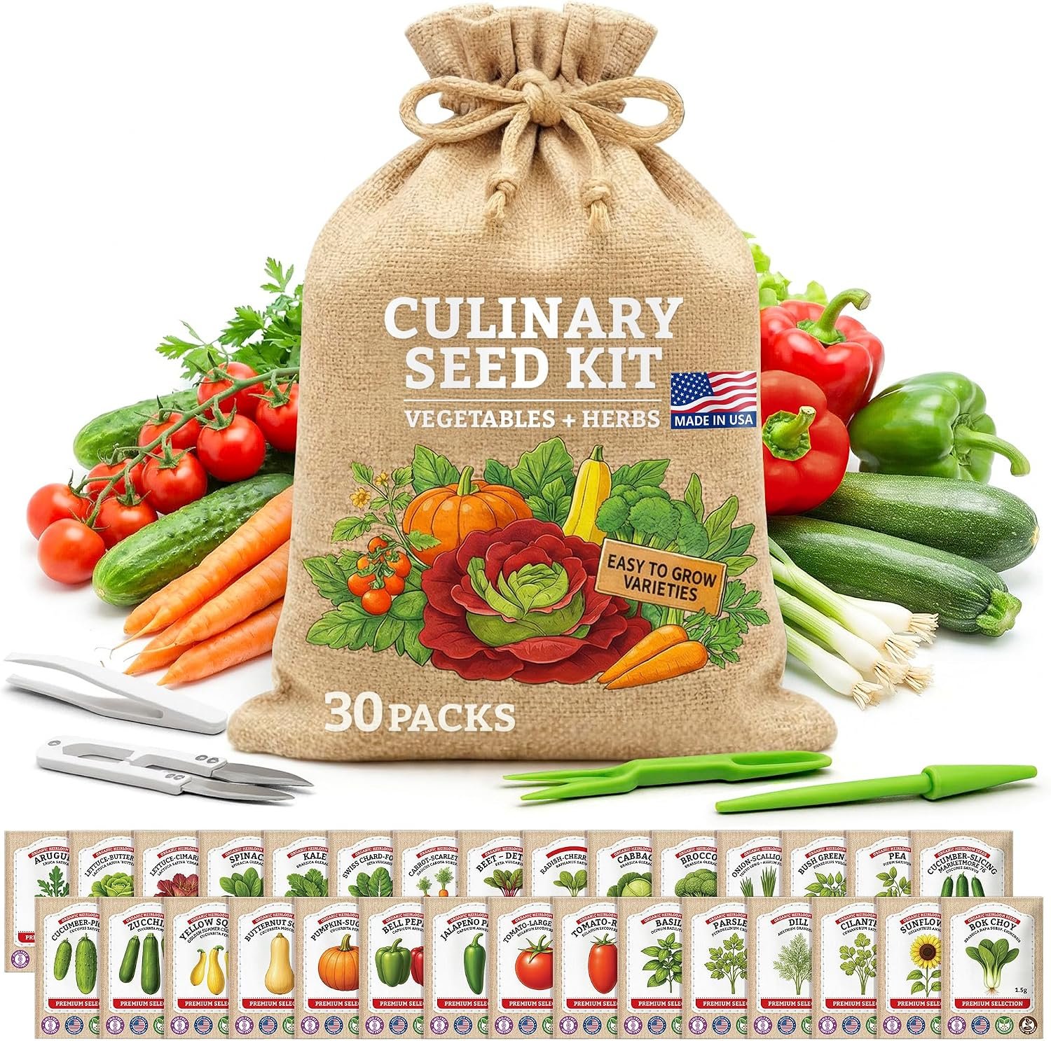 Vegetable/Herb Seeds Variety Pack – 30 Heirloom Seed Gift Kit – Made in USA