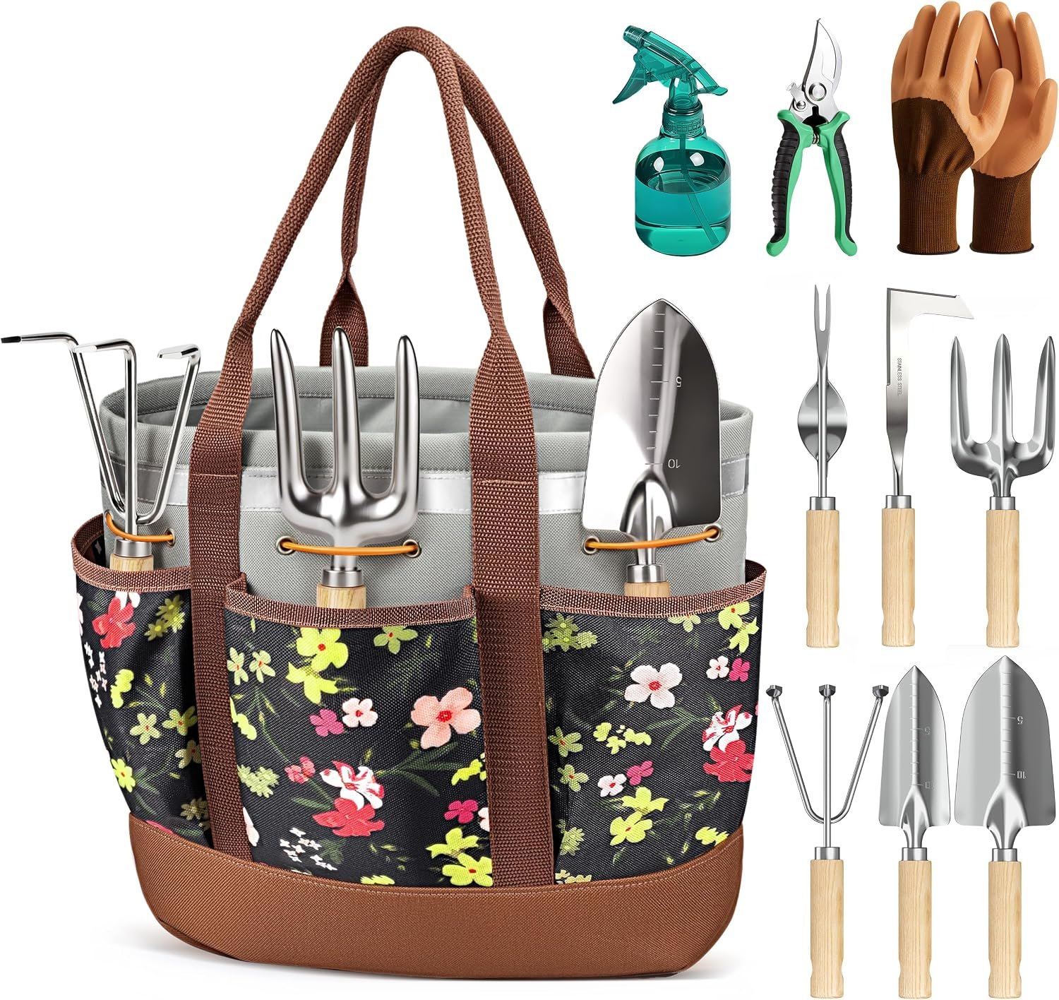 10Pcs Garden Tool Set, Rust-Proof Stainless Steel, Ash Wood Handles | High-Hardness Tool Heads, Reinforced Organizer Handbag with Multi-Pocket for Planting, Gardening Gift Set for Women, Mother