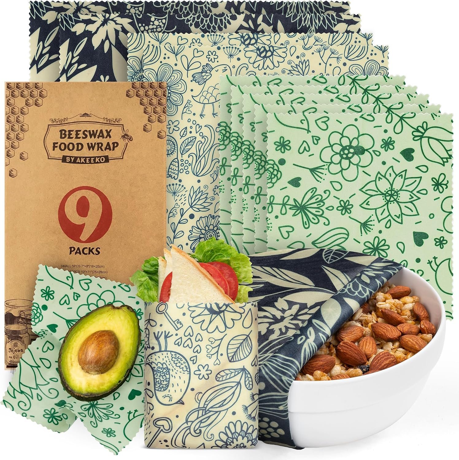 Akeeko Reusable Beeswax Food Wraps – Assorted 9 Packs, Reusable, Plastic-Free Food Storage, 5 Small, 2 Medium, 1 Large, 1 Extra Large Wraps with Flower and Birds Pattern