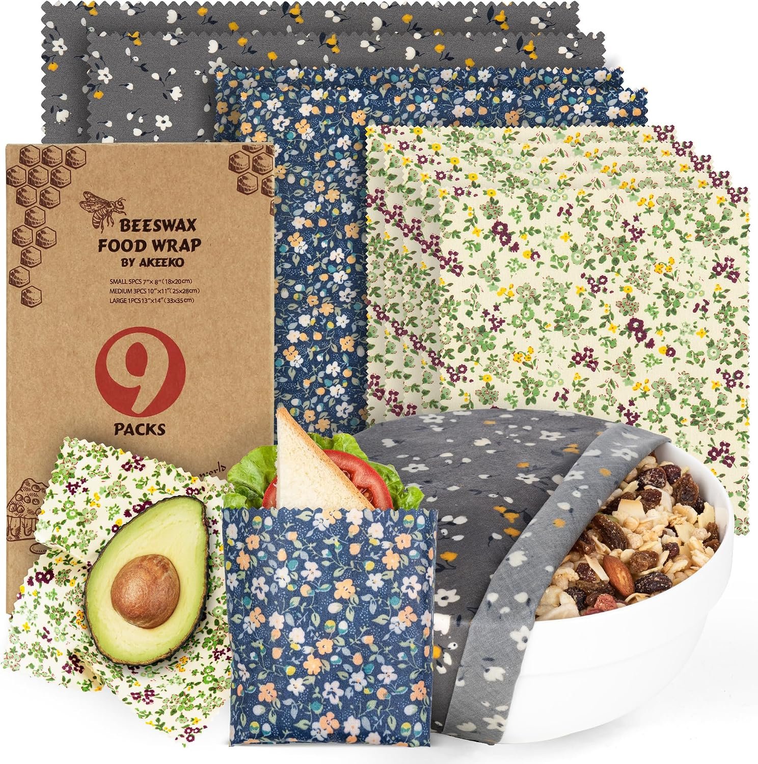 Akeeko Reusable Beeswax Food Wraps – Assorted 9 Packs, Eco-Friendly Reusable Wrap, Biodegradable, Zero Waste, Organic Cloth, Sustainable, Plastic-Free Food Storage, 1Large, 3Medium, 5Small Sizes