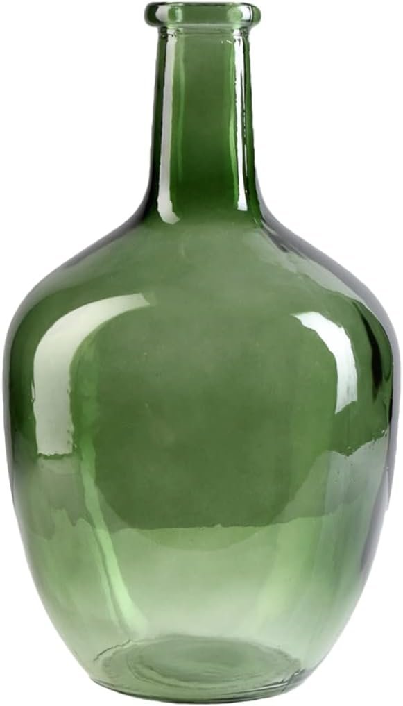 Serene Spaces Living Olive Green Bottleneck Glass Vase – Elegant Vintage Floor Vase for Long-Stemmed Floral Arrangements, 7.48″ Diameter & 12″ Tall