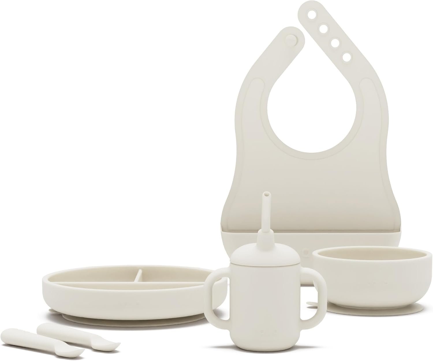 Lalo First Bites Silicone Baby Feeding Set – Baby Led Weaning Supplies – Non-Toxic Silicone – Includes 1 Bib, 2 Spoons, Training Cup, Suction Plate and Bowl – 6 Pieces – Oatmeal