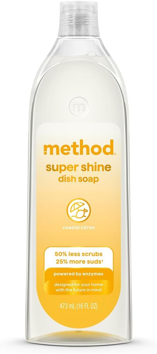method Super Shine Liquid Dish Soap, Coastal Citron Scented, 16 fl oz | Powered by Enzymes, Removes Up to 99% of Grease, Gentle on Skin