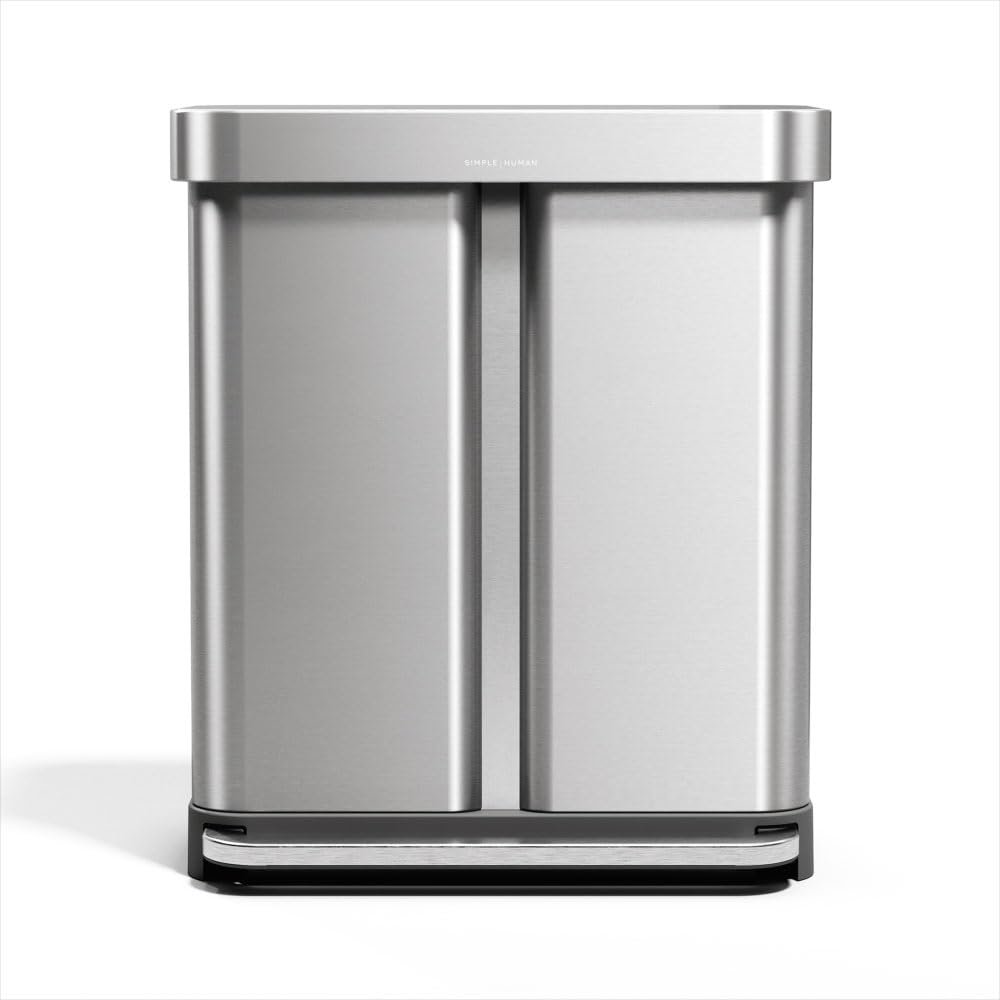 simplehuman Step Recycler, 58L / 15.3 Gallon Dual Compartment Kitchen Trash Can, 150,000-Step Steel Pedal, Lid Shox® Silent Close, Liner Rim System, Liner Pocket®, Brushed Stainless Steel