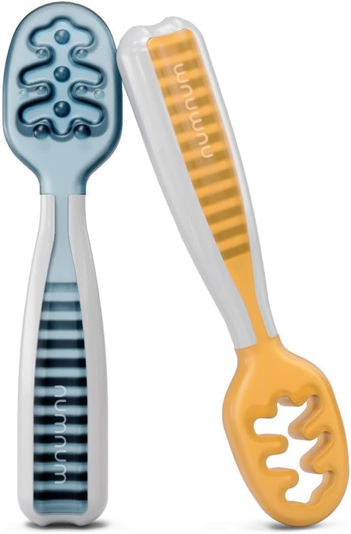 NumNum Baby Spoons Self Feeding 6 Months, 2-Pack Blue/Orange | First Stage Silicone Pre Spoon Utensils For Baby Led Weaning, BPA Free Baby Feeding Essentials, Dishwasher Safe