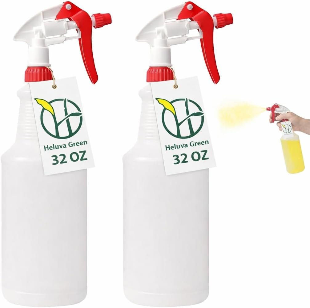 Heluva Green Heavy Duty 32oz Plastic Spray Bottles for Cleaning, Red 2 Pack | Large empty industrial bottles for gardening, vinegar, chemicals, pro cleaners. Adjustable sprayer nozzle.