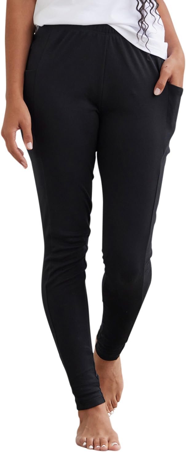Fair Indigo Women’s 100% Organic Pima Cotton Leggings Pants with Pocket – 30″ Inseam