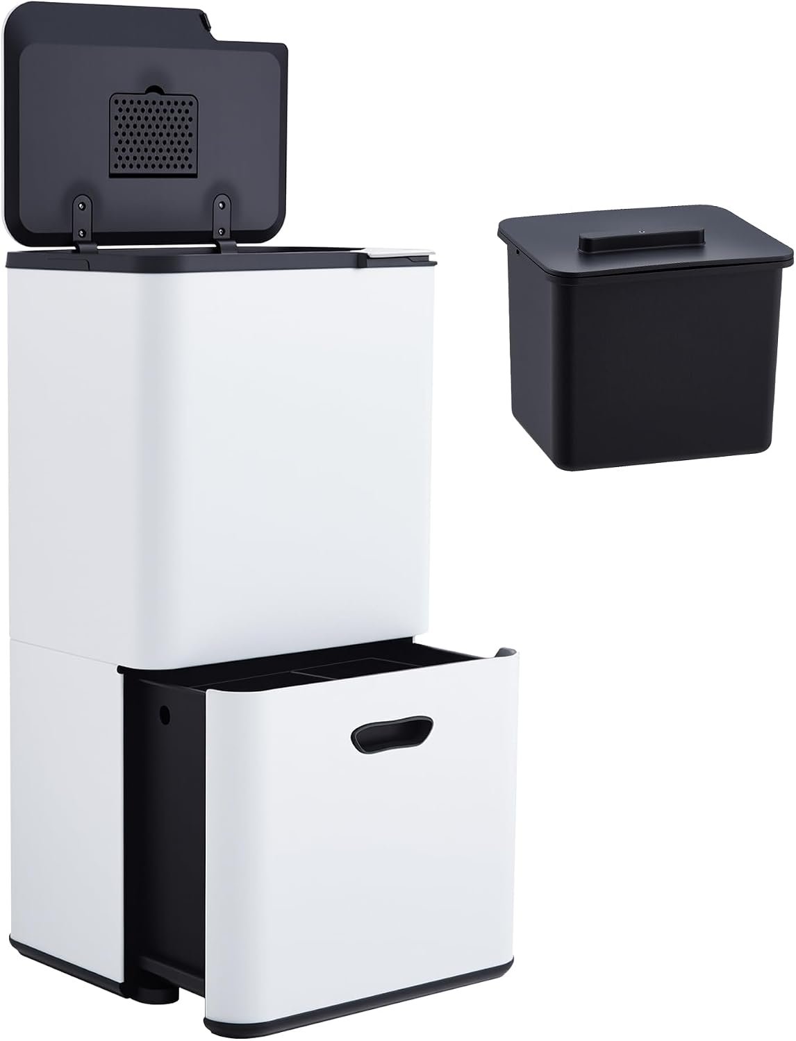 Kitchen Trash Can,16 Gal (33L x 28L) Dual Compartment Garbage Can with Compost Bin, Stainless Steel Trash and Recycle Bin Combo with Removable Inner Bucket,Slow-Close Lid, Odor Control