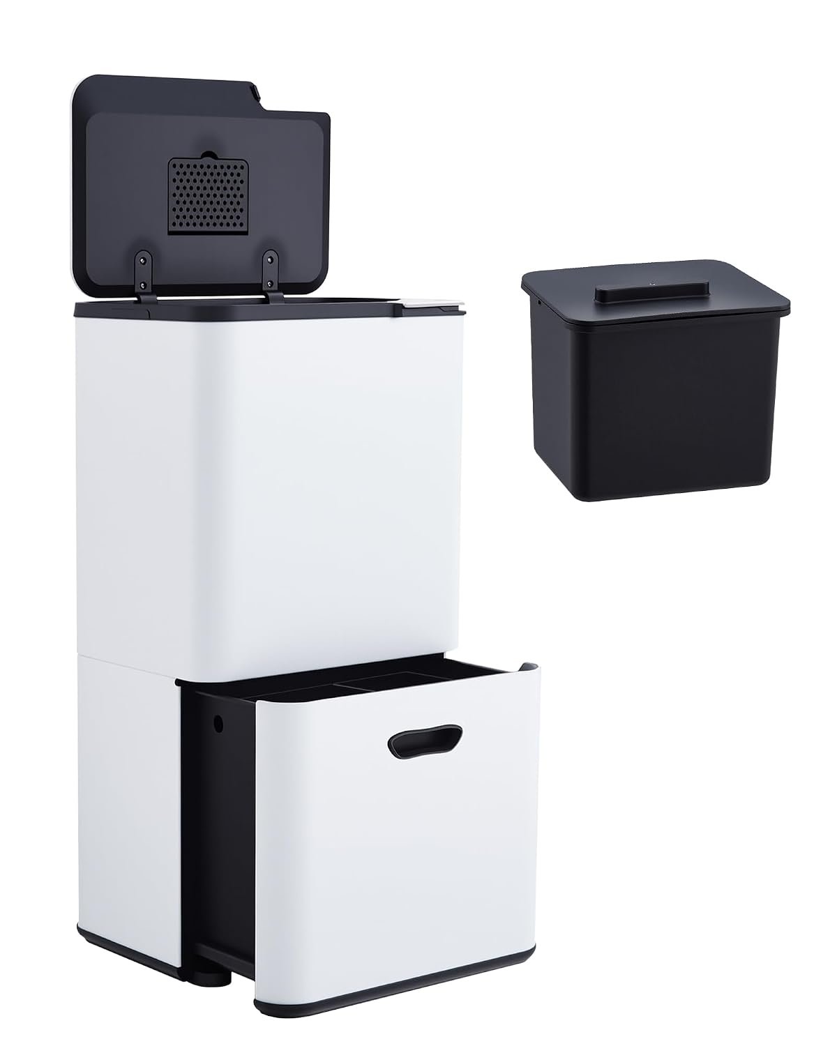 Garvee Dual Trash Can for Kitchen, 2 Compartment (33L + 28L) Garbage Can | Stainless Steel Trash and Recycle Bin Combo, with Compost Bin, Removable Inner Bucket, Odor Control, White