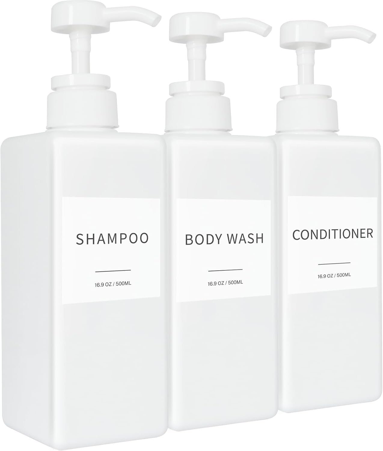 Shampoo and Conditioner Dispenser, Refillable Plastic Shampoo Pump Bottles with Waterproof Labels, Empty Body Wash Dispenser Set for Bathroom, Shower Soap Bottles (White, Set of 3, 16.9oz)