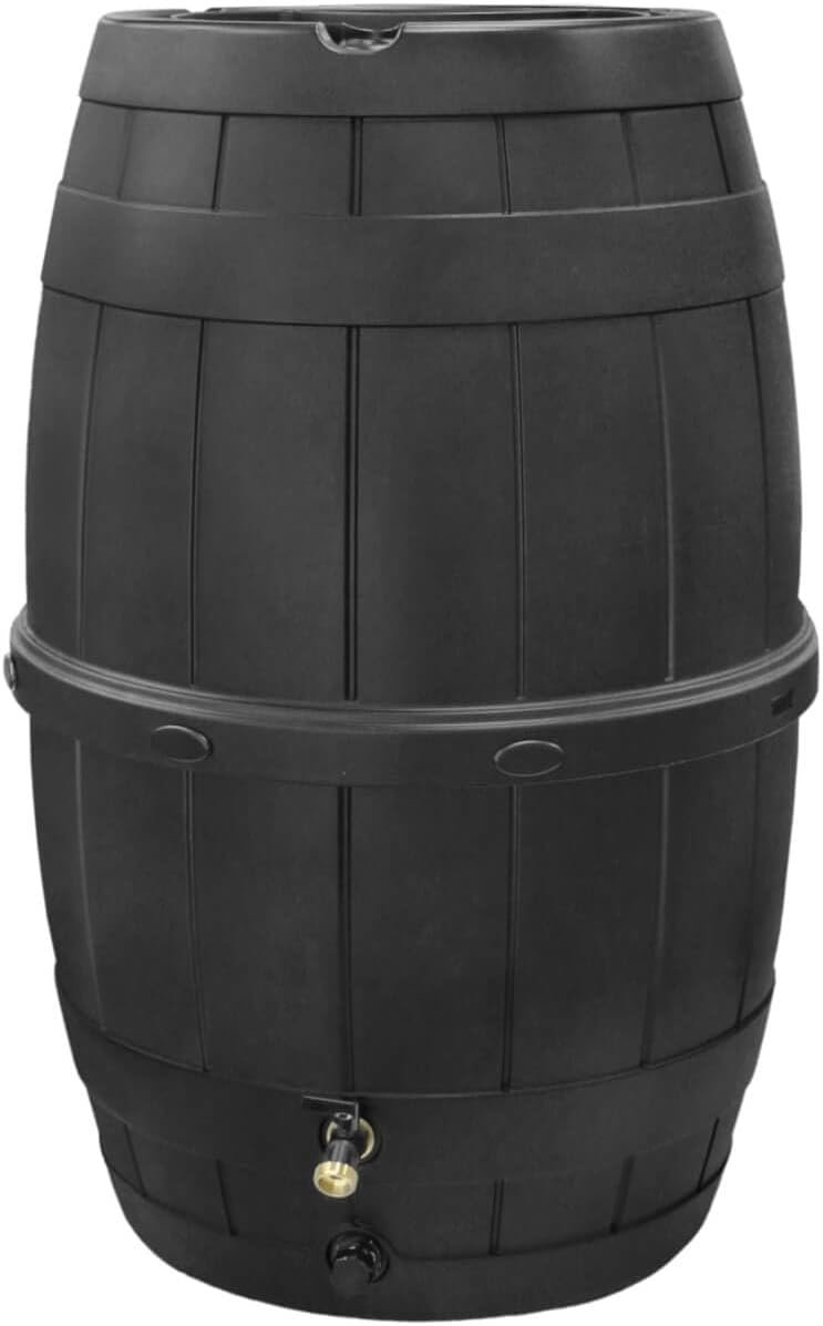 Garden Central 39-Gallon Knock Down Rain Barrel with Brass Spigot, Black – Plastic Outdoor Water Collection Container with Planter Top – Irrigation Supply for Gardening, Lawn & Landscaping