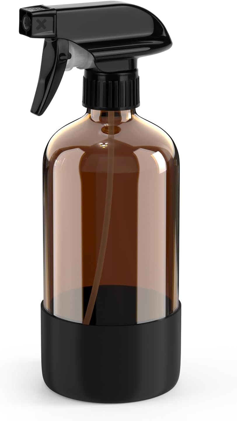 Bontip Amber Glass Spray Bottle, 16 oz with Black Silicone Sleeve, 1 Pack | Refillable amber glass bottle, With protective silicone sleeve, BPA-free, UV shielding, Great for cleaning solutions,plants