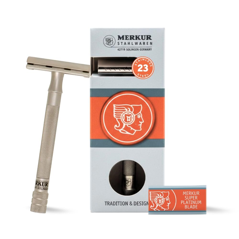 MERKUR 23 INOX Stainless Steel Double Edge Safety Razor, Satin Finish, Long Knurled Handle, Three Piece, Closed Comb